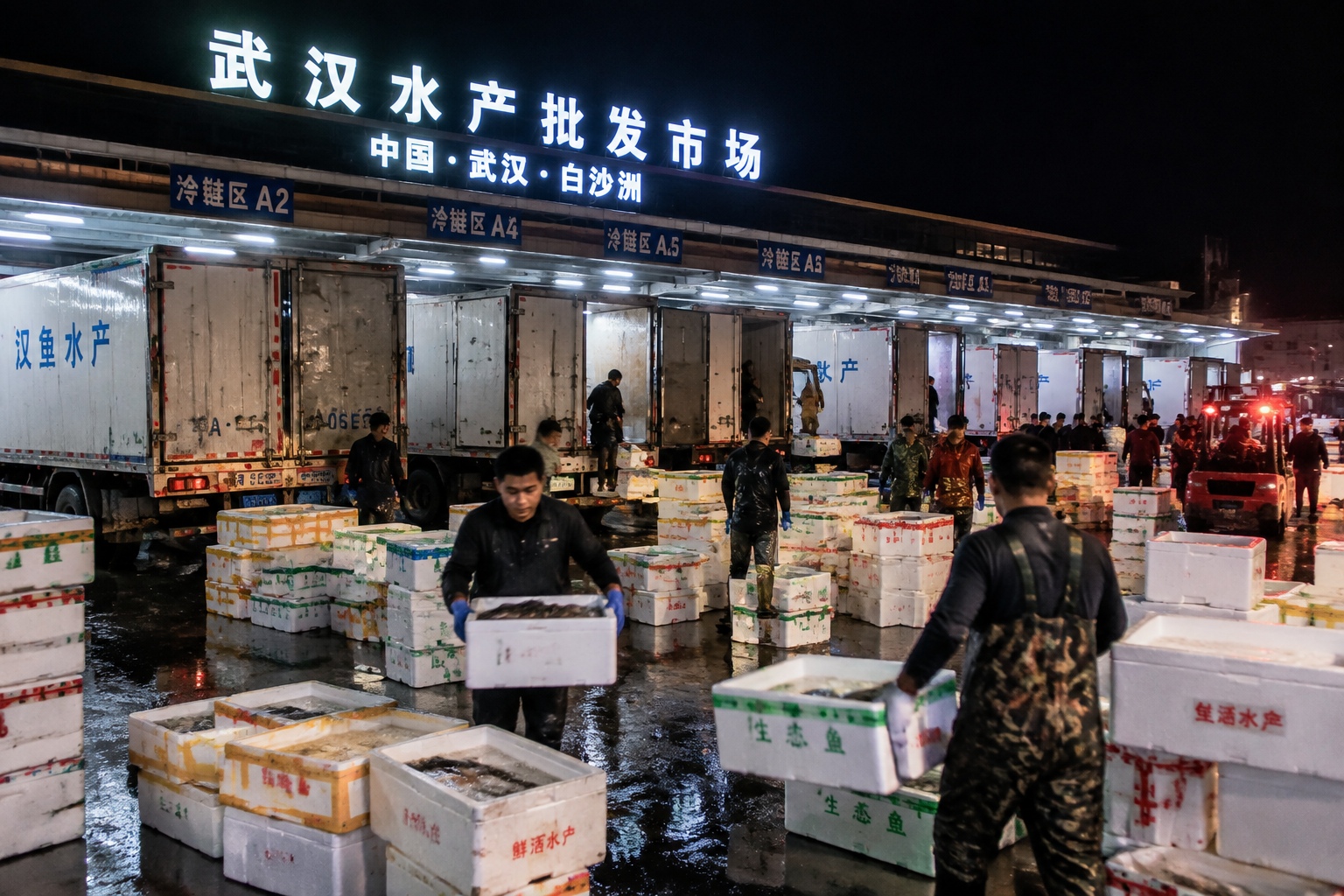 Refrigerated trucks loading crates of freshwater fish at a wholesale market in Wuhan, Hubei