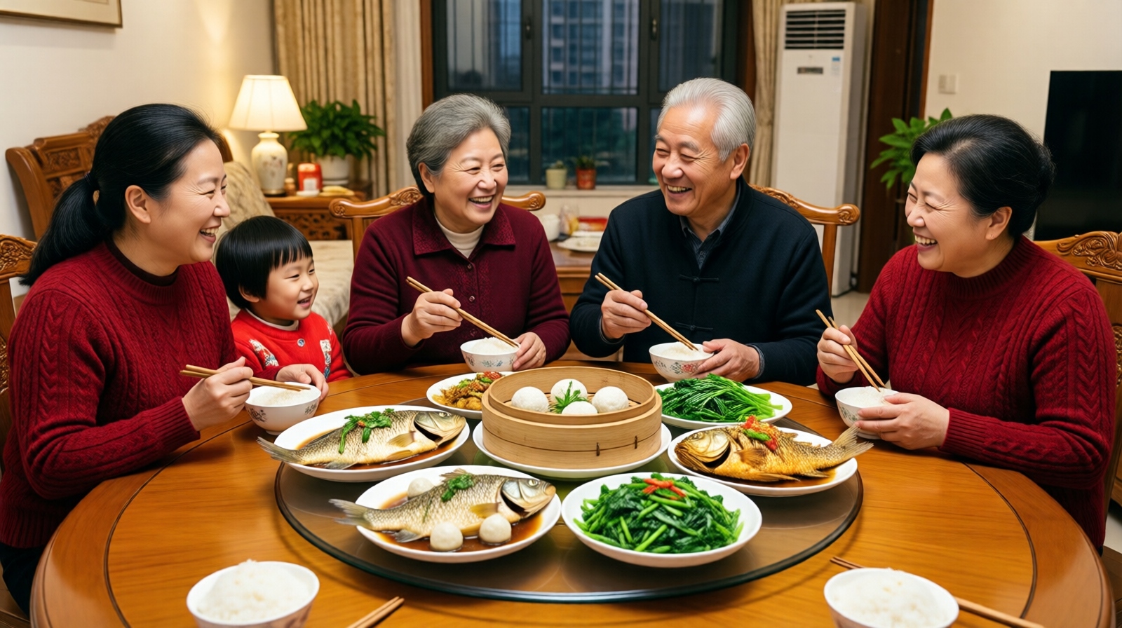 Hubei family enjoying a dinner of steamed Wuchang bream and fish balls at home in Wuhan