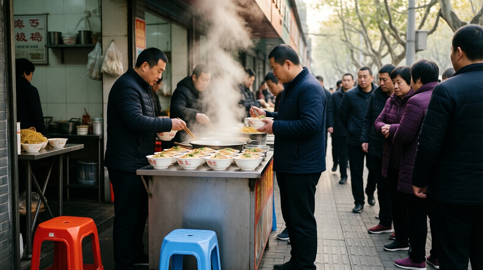 Wuhan residents queue for hot dry noodles at a breakfast stall on an early morning street