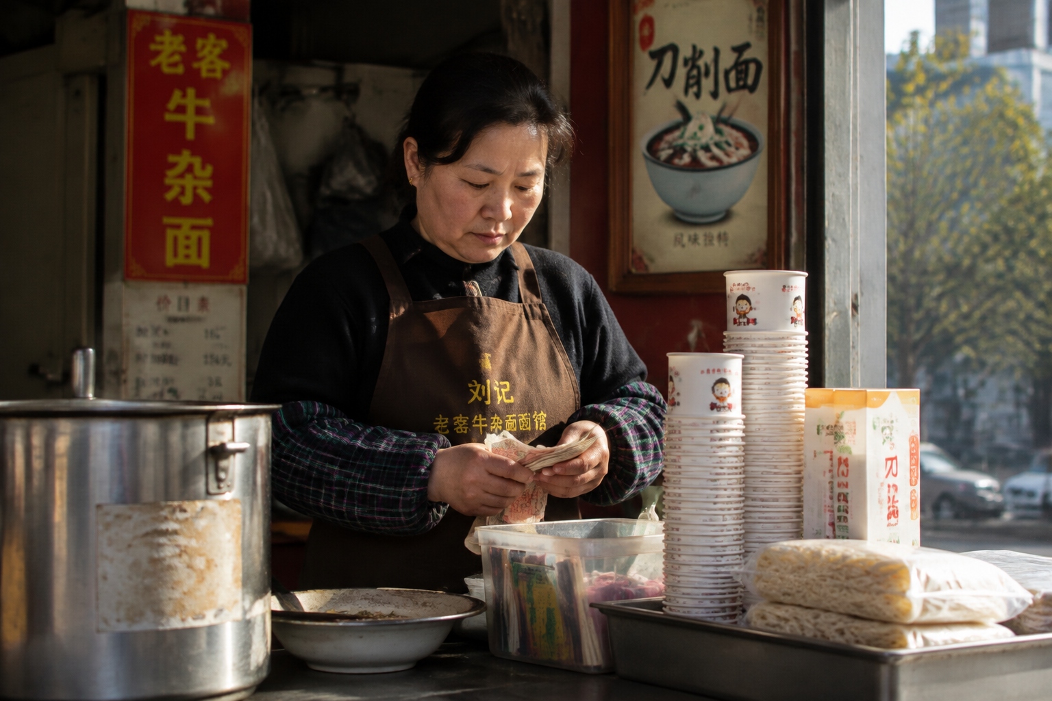 Noodle stall owner counts money in front of shelves of sesame paste and noodle boxes in Wuhan