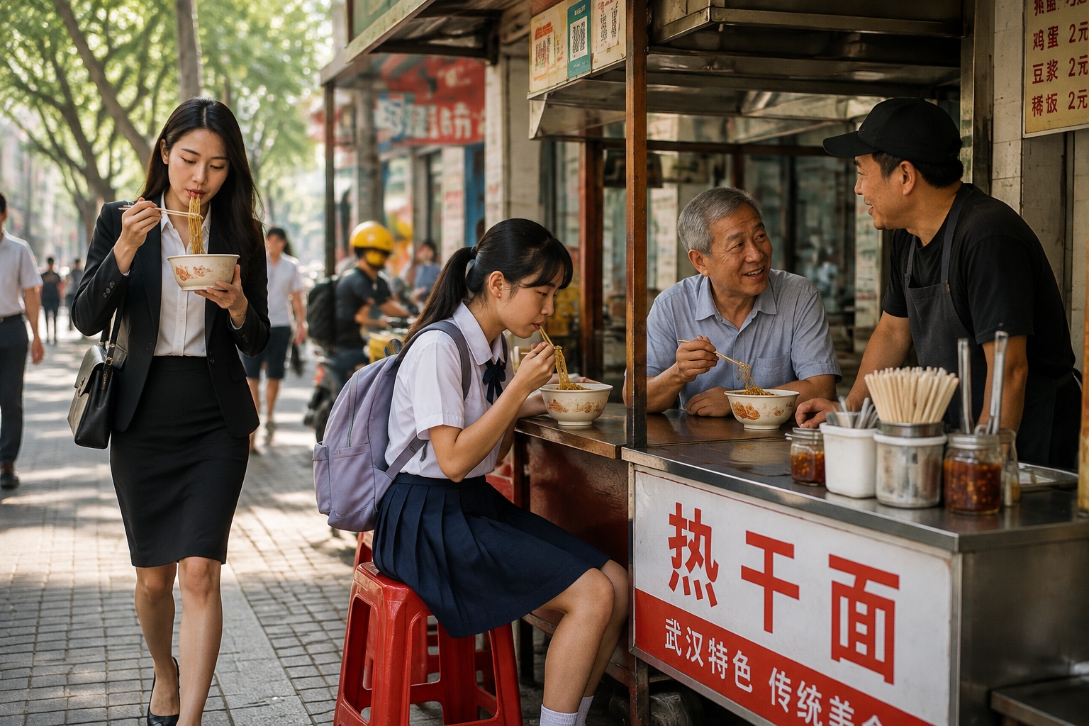 Office worker, student and retiree eating hot dry noodles at a Wuhan breakfast stand