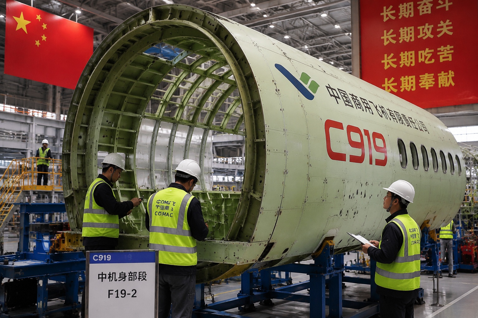 Engineers inspecting C919 fuselage sections at an AVIC Hongdu plant in Nanchang, Jiangxi.