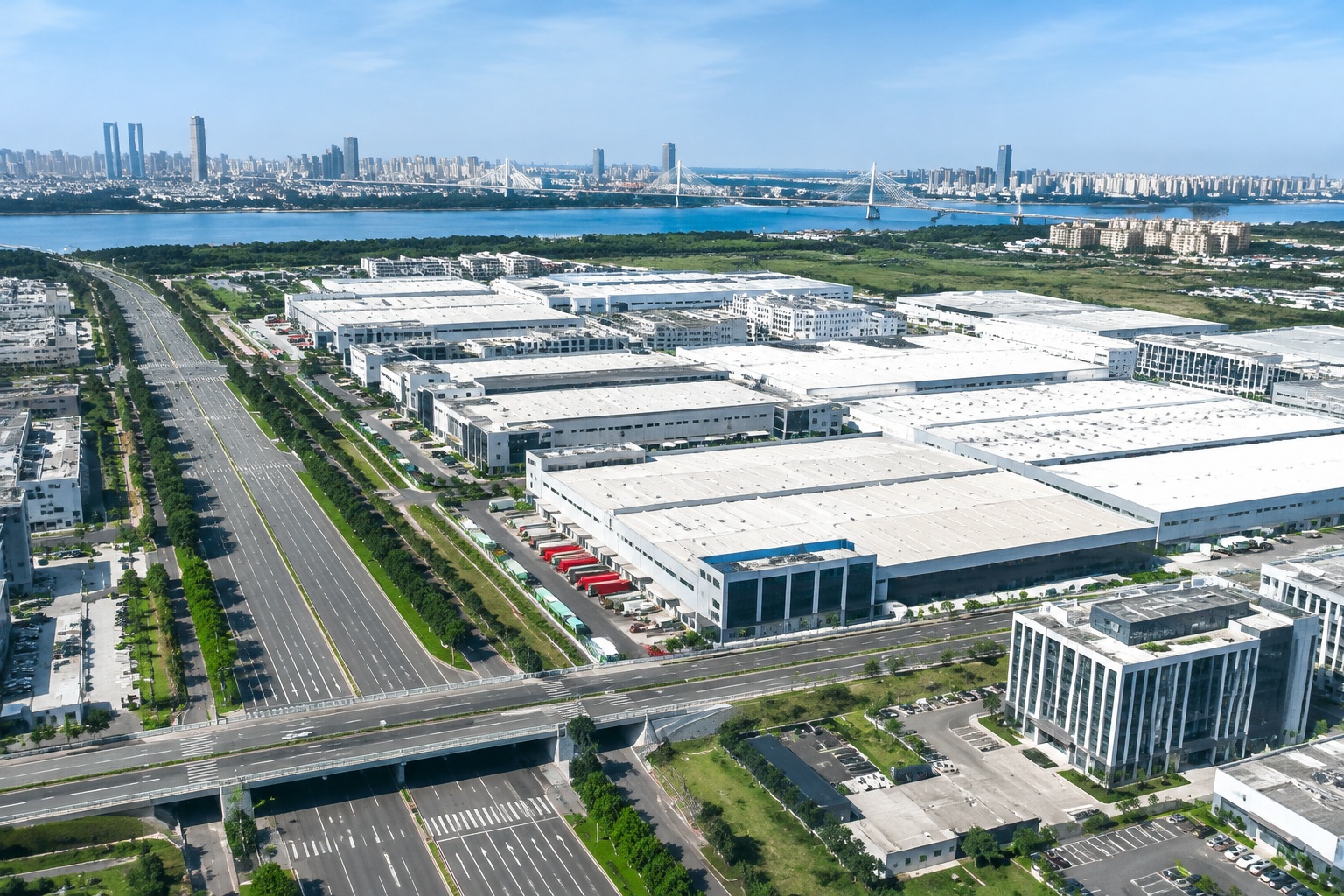 Aerial view of the Nanchang Aviation City industrial zone with factory buildings and road networks.