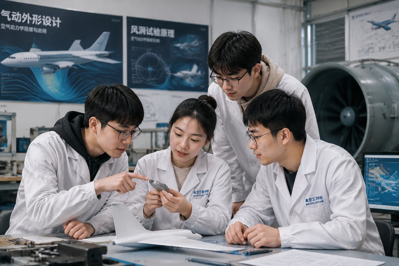 Nanchang Hangkong University students working on an aircraft component in a laboratory.