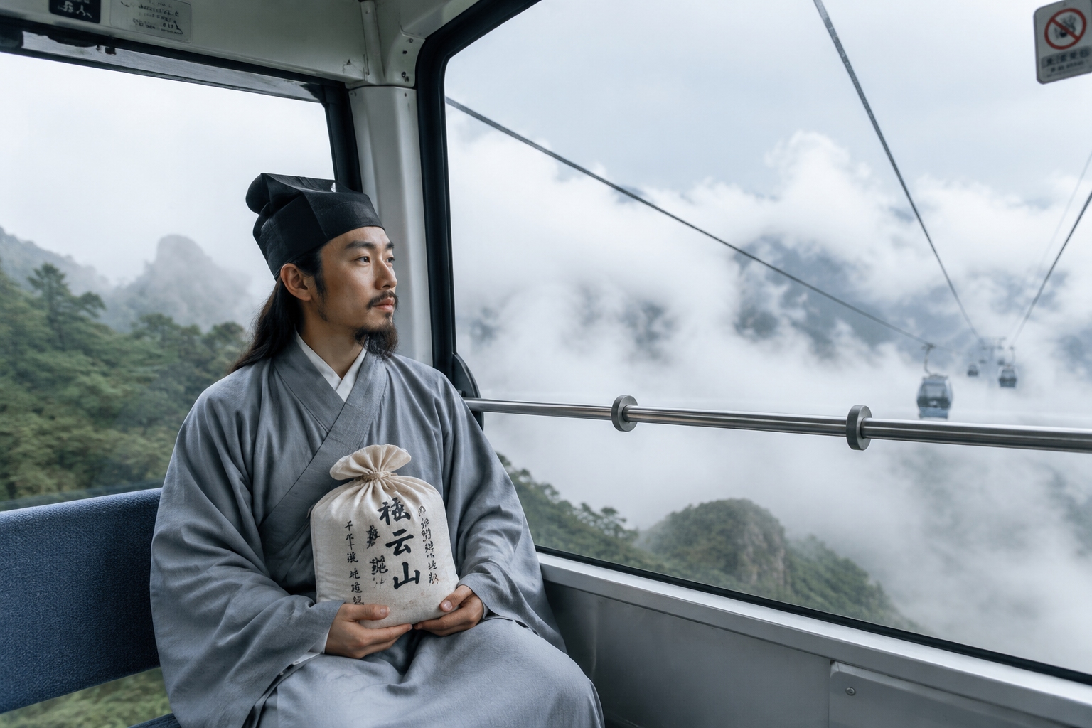 Young Taoist priest in grey robe riding a cable car up Qiyun Mountain with mist and clouds outside.
