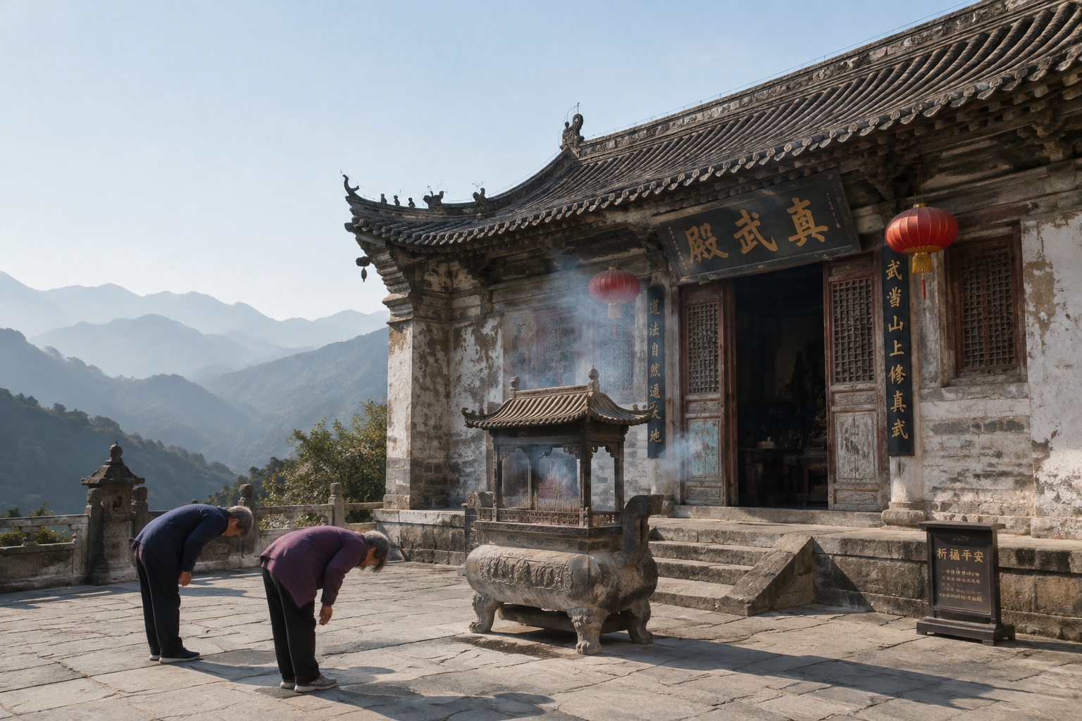 Taoist temple with pilgrims bowing at an incense burner on Qiyun Mountain.