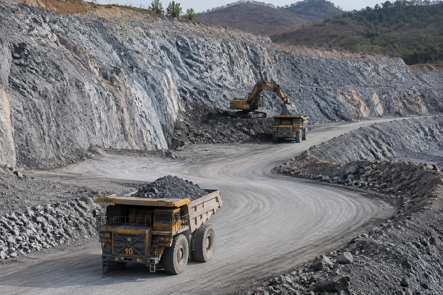 Lithium mica open-pit mine near Yichun with haul trucks loading lithium-bearing ore