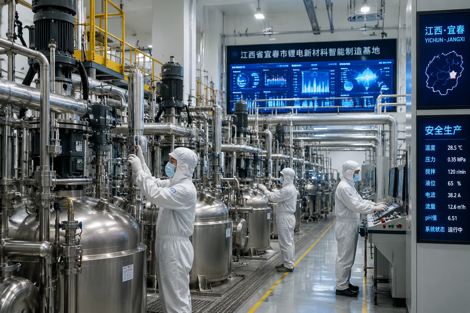 Workers in protective suits monitor lithium processing equipment at a battery materials plant in Yichun