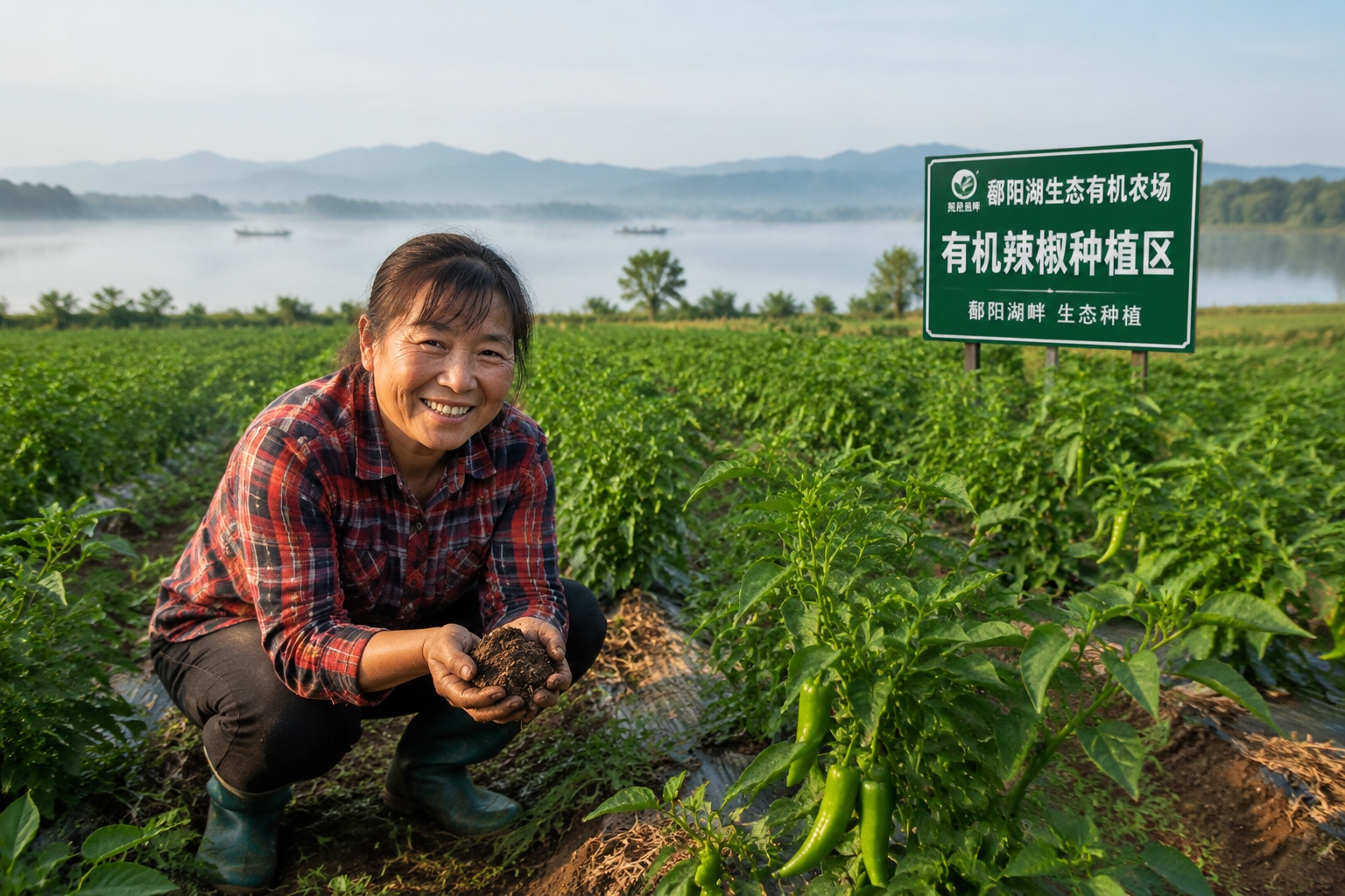 Farmer checking soil quality in an organic vegetable field near Poyang Lake, China