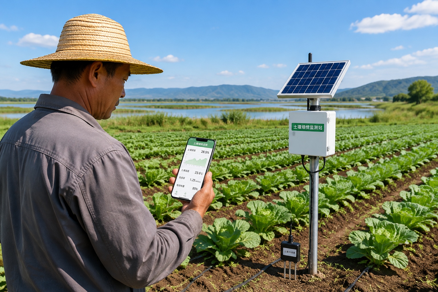 Farmer using a smartphone to monitor organic farm soil sensors near Poyang Lake