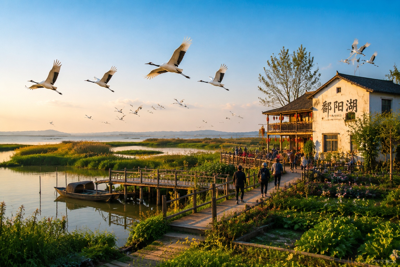 Migratory birds and tourists at a Poyang Lake organic farm village