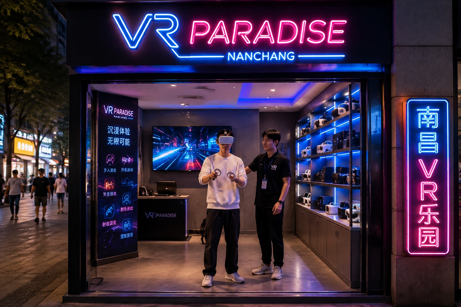 A customer experiences virtual reality at a VR arcade in downtown Nanchang, China, while an employee adjusts the headset.