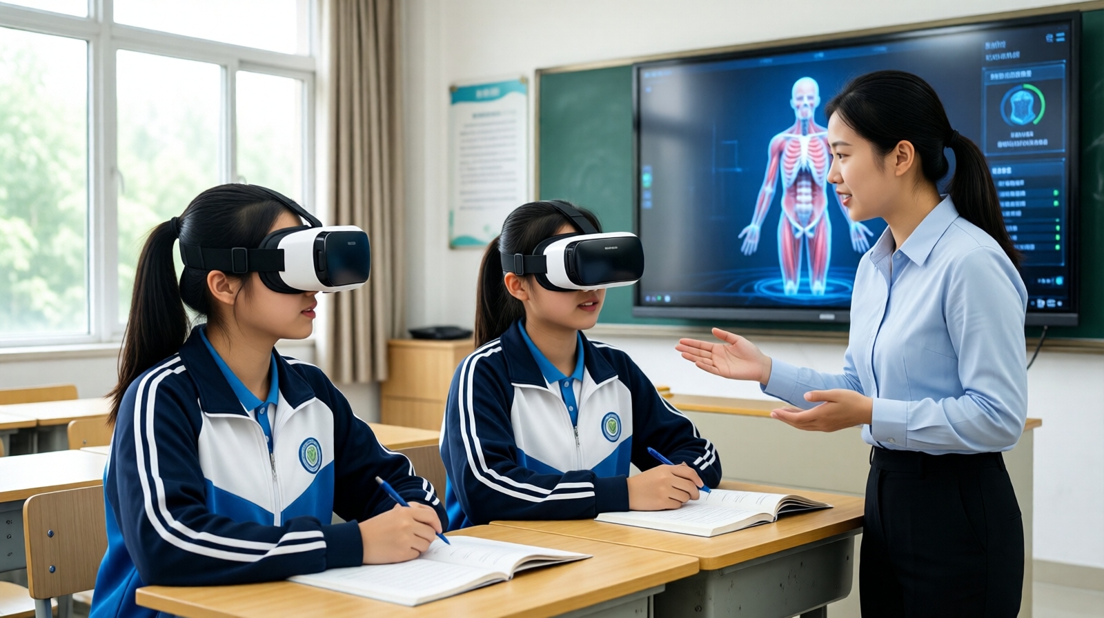 Students in a Nanchang middle school use VR headsets during a biology lesson, with a virtual human cell illustrated on the classroom screen.