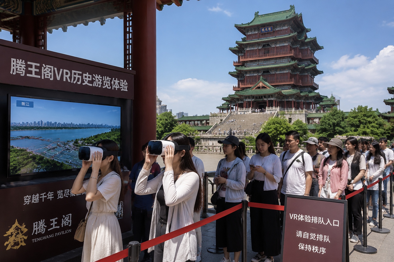 Tourists try a virtual reality historical experience at Tengwang Pavilion in Nanchang, with the ancient tower visible in the background.