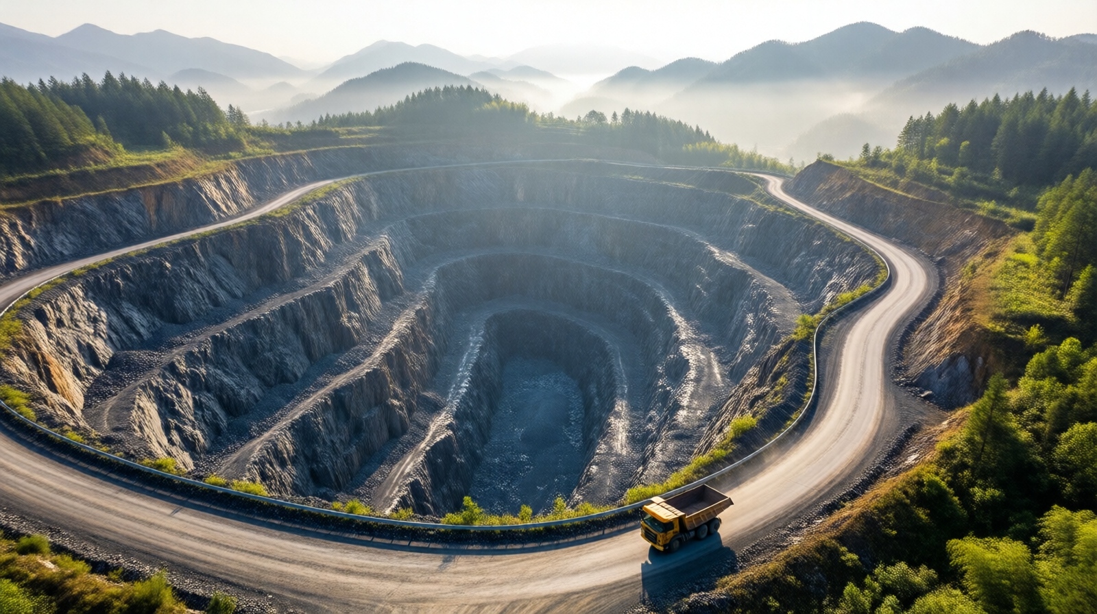 Aerial view of Dexing Copper Mine open pit in Jiangxi Province, one of the largest in Asia, with a haul truck on the terraced road