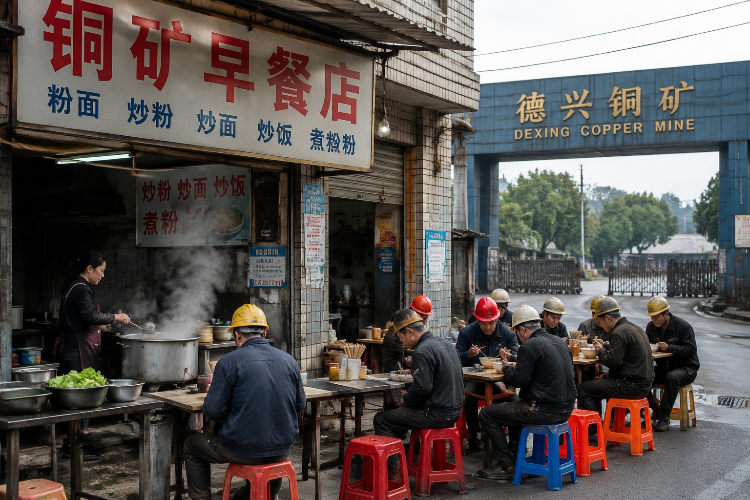 Workers eating rice noodles at a breakfast stall near Dexing Copper Mine gate in Jiangxi Province, China