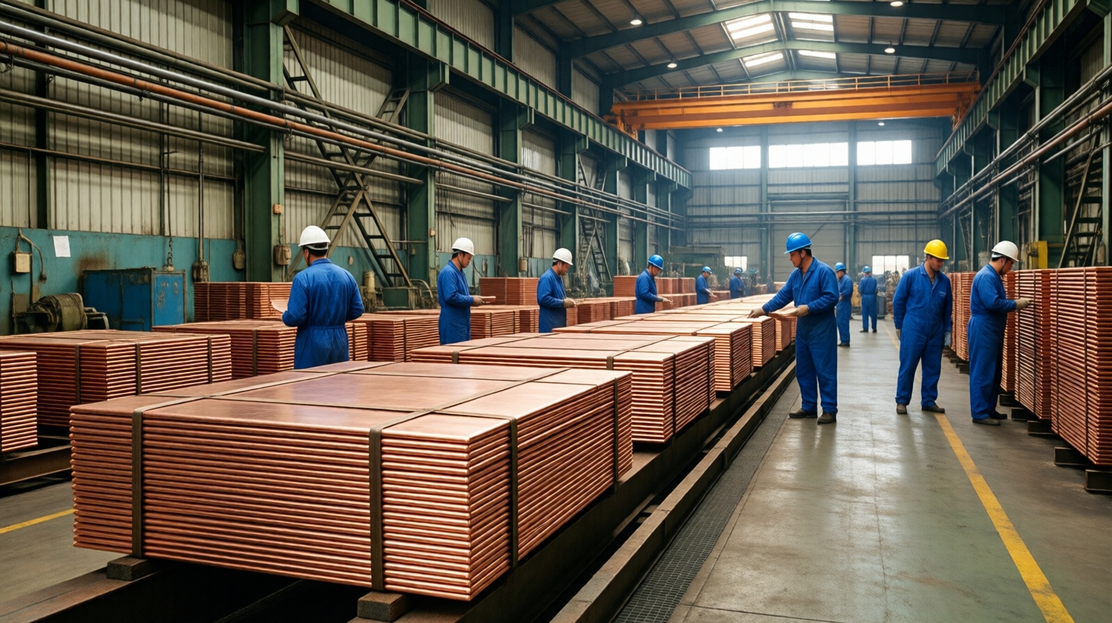 Workers inspecting bright cathode copper plates in a Jiangxi Copper smelting plant in China