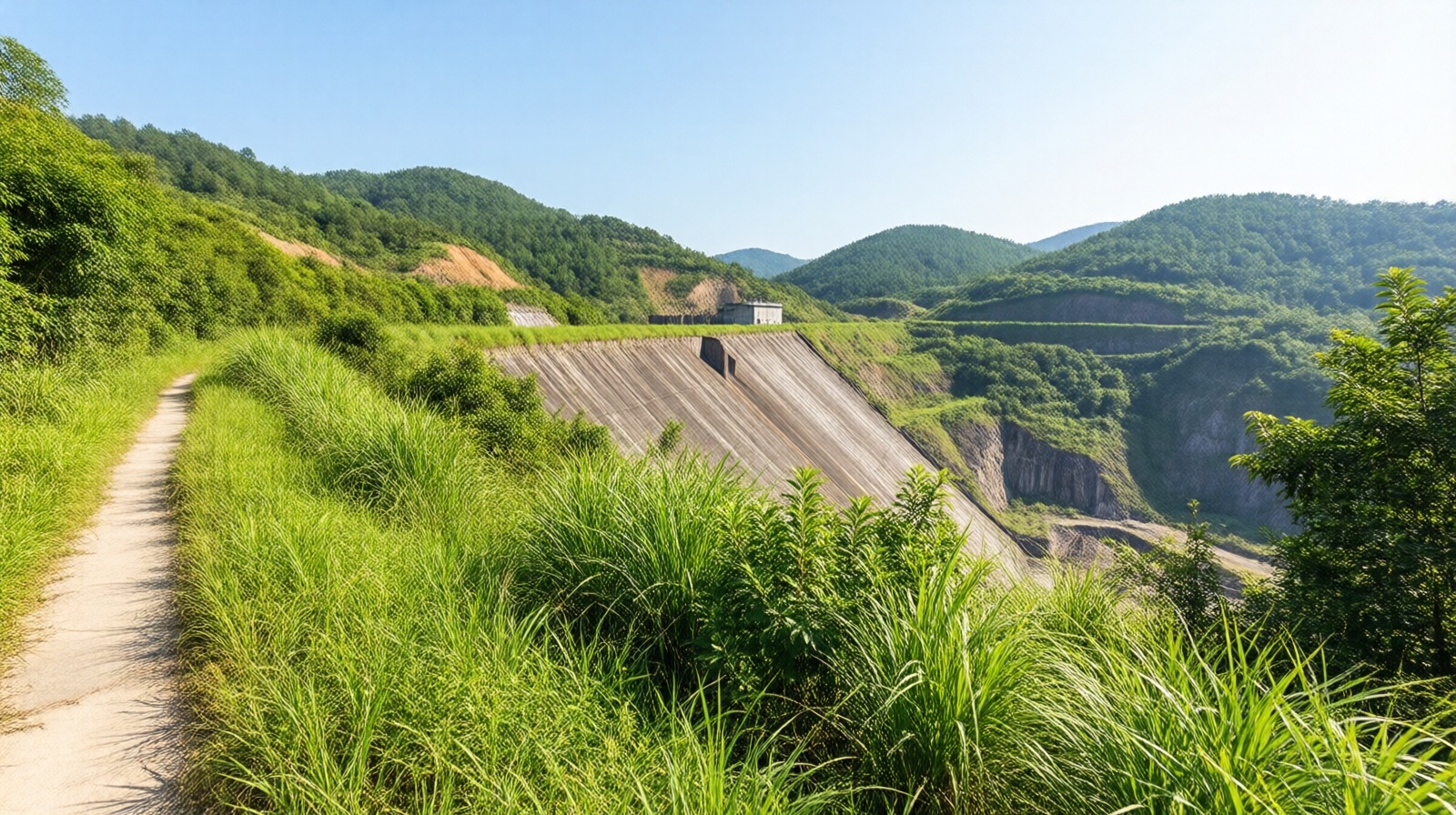 Restored tailings dam at Dexing Copper Mine covered with green vegetation and a walking path