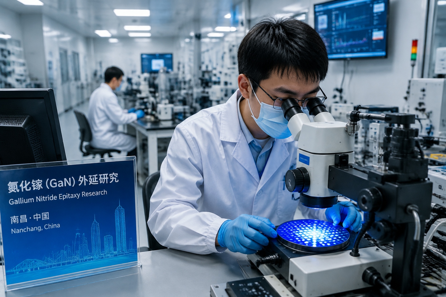 A researcher in a Nanchang university lab inspects a glowing blue silicon-based LED wafer under a microscope