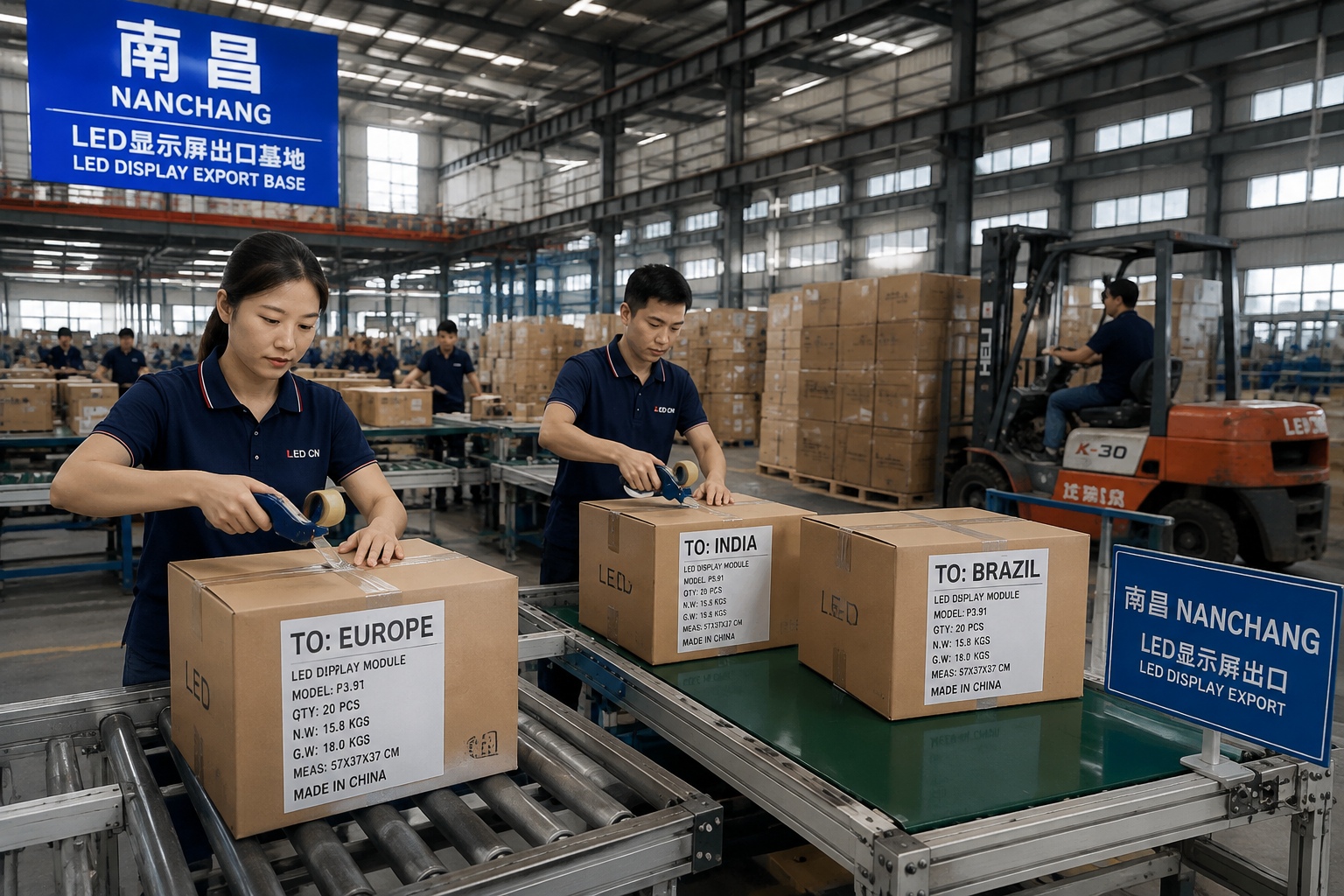 Workers pack finished LED modules for export at a warehouse in Nanchang, boxes labeled for overseas markets