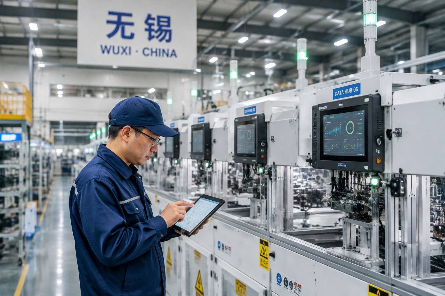 Factory worker in Wuxi using a tablet to monitor IoT-connected manufacturing equipment