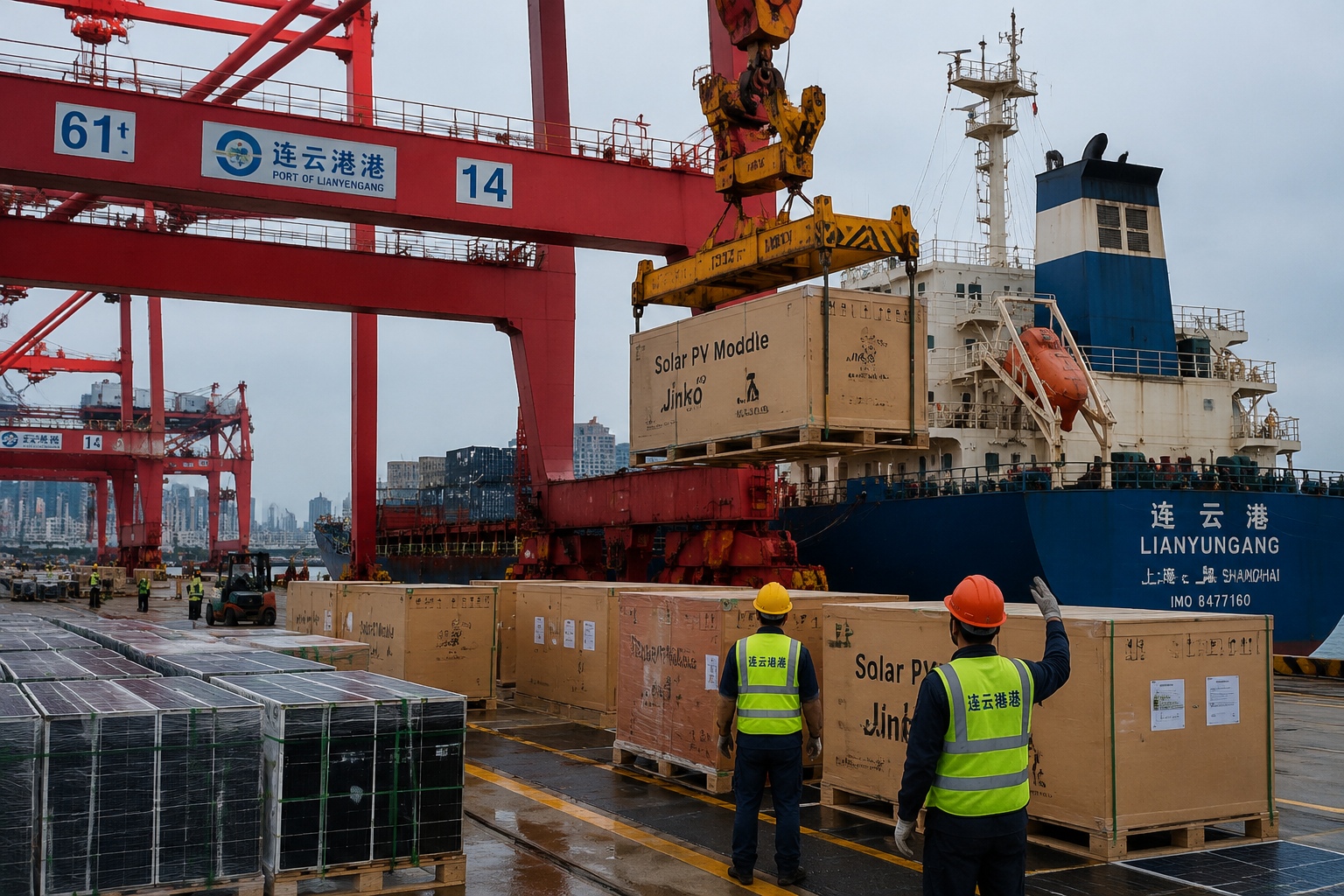Workers load solar panel containers onto a cargo ship at Lianyungang port, Jiangsu, China.