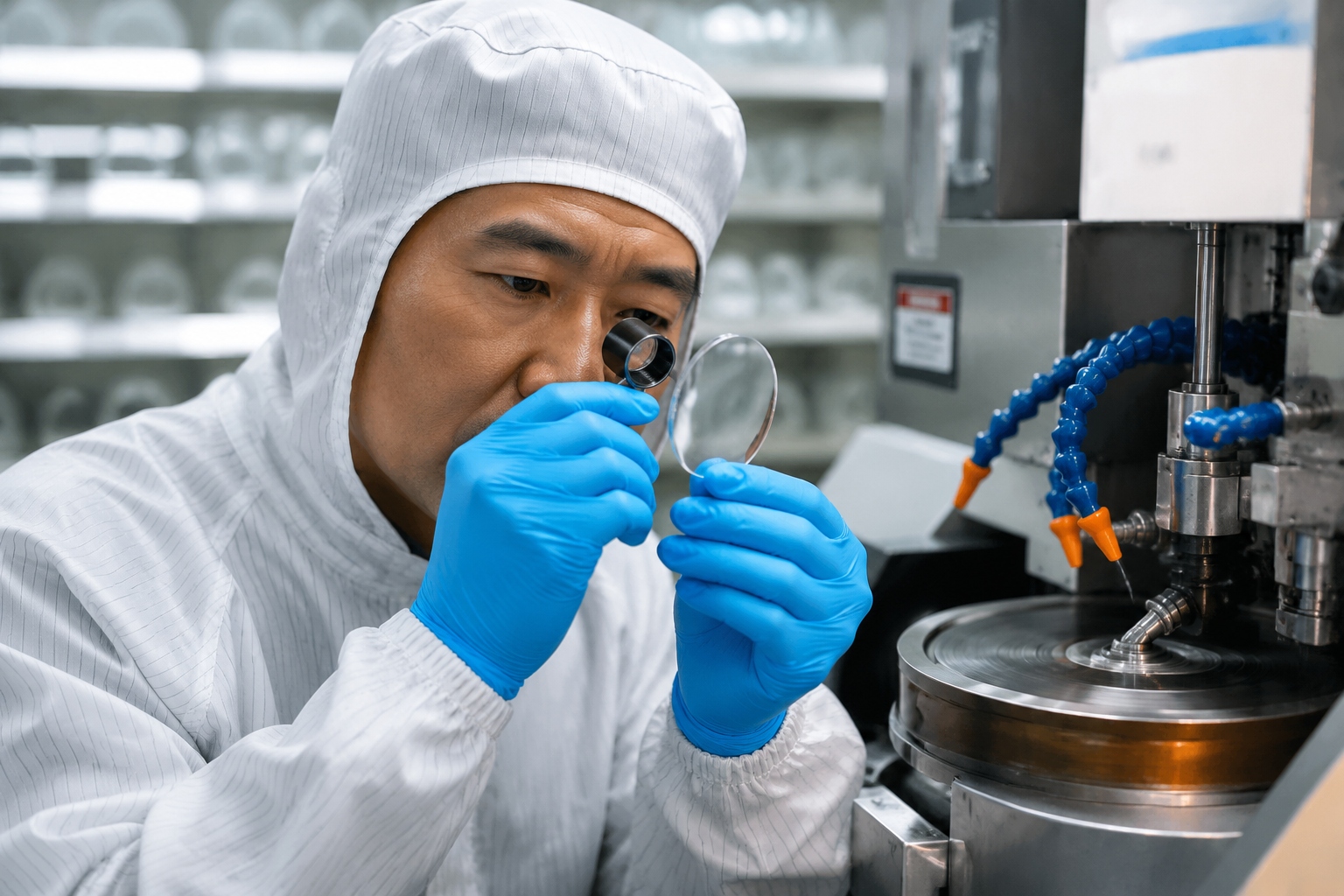 Worker in a Danyang eyeglass factory polishing lenses with a CNC machine