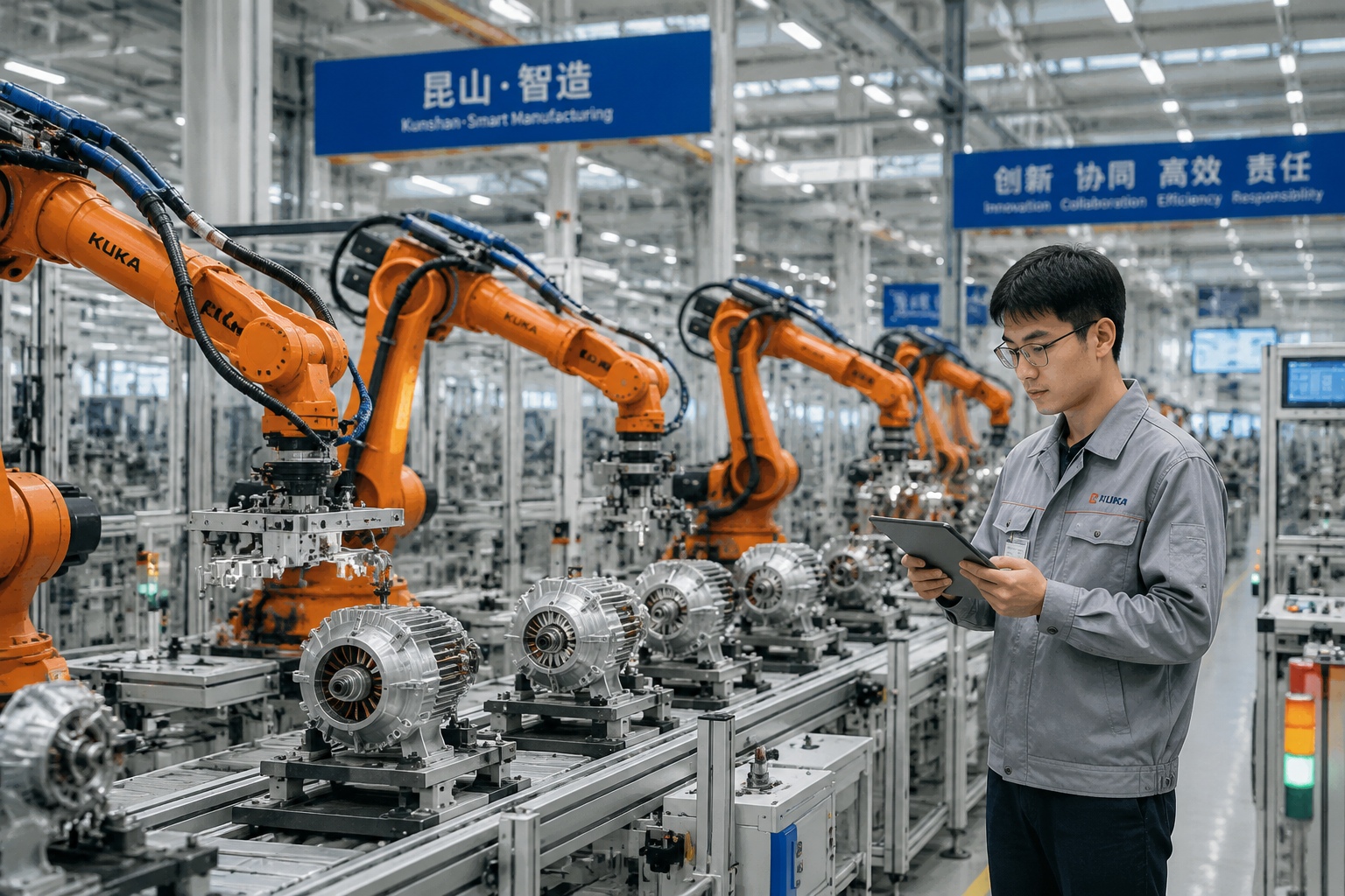 A young engineer monitors orange robotic arms assembling electric motors in a Kunshan factory