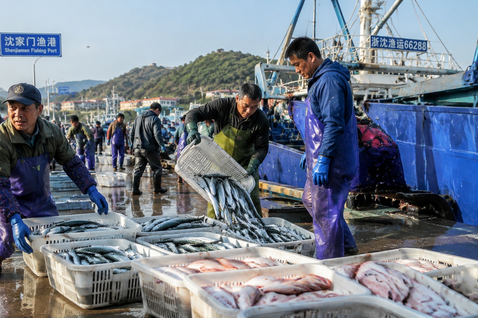 Fishermen unloading freshly caught fish at Shenjiamen fishing port in Zhoushan, China