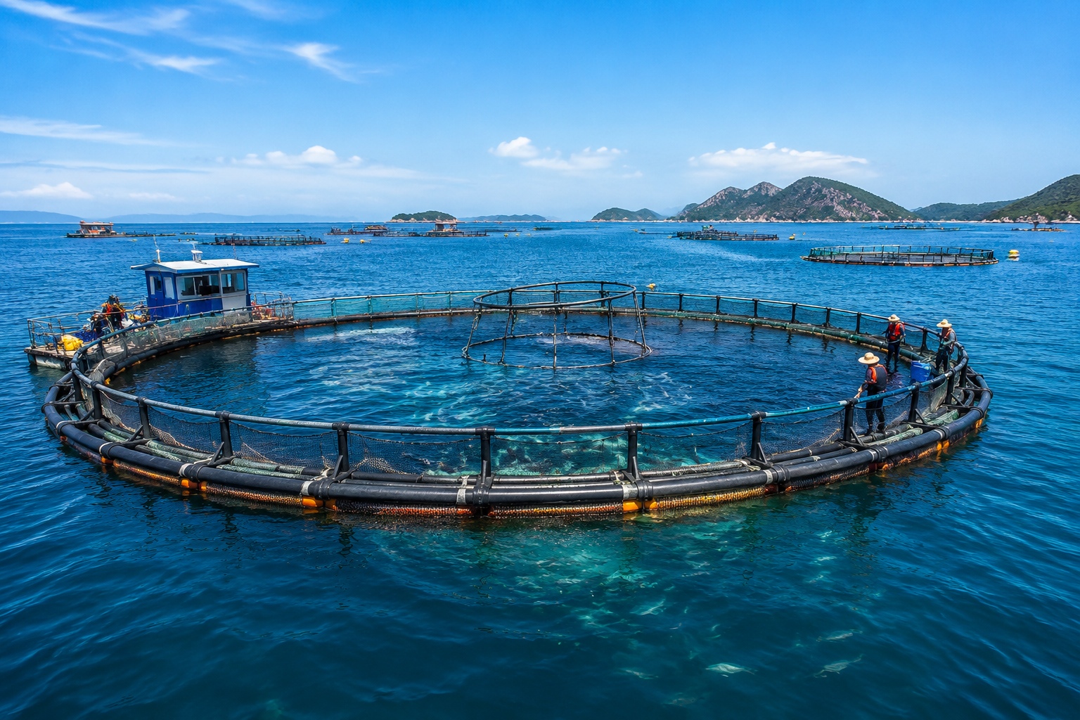 Offshore deep-sea fish farming platform with large circular net pens near Zhoushan, East China Sea