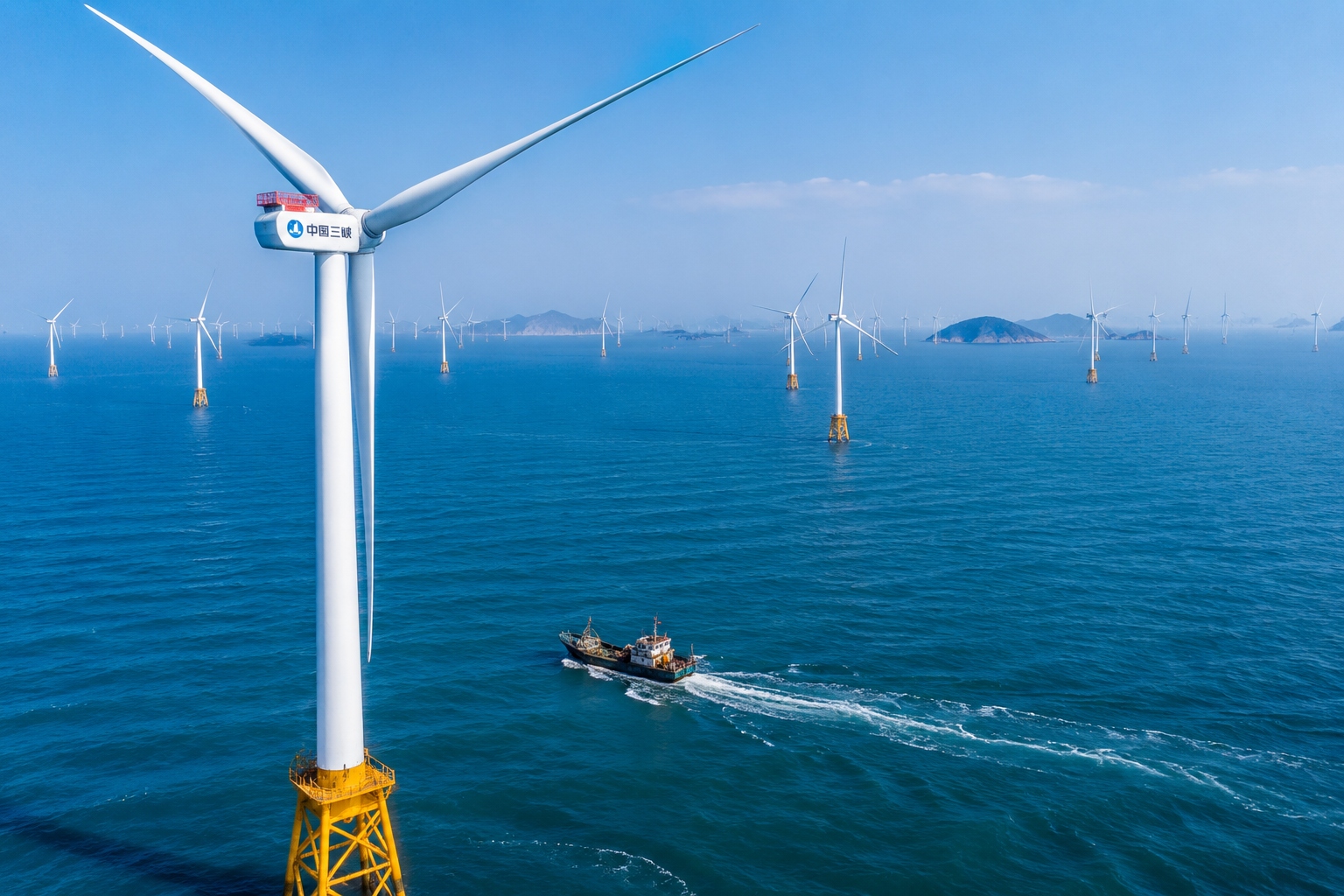 Offshore wind turbines in the East China Sea near Zhoushan, with a fishing boat sailing by