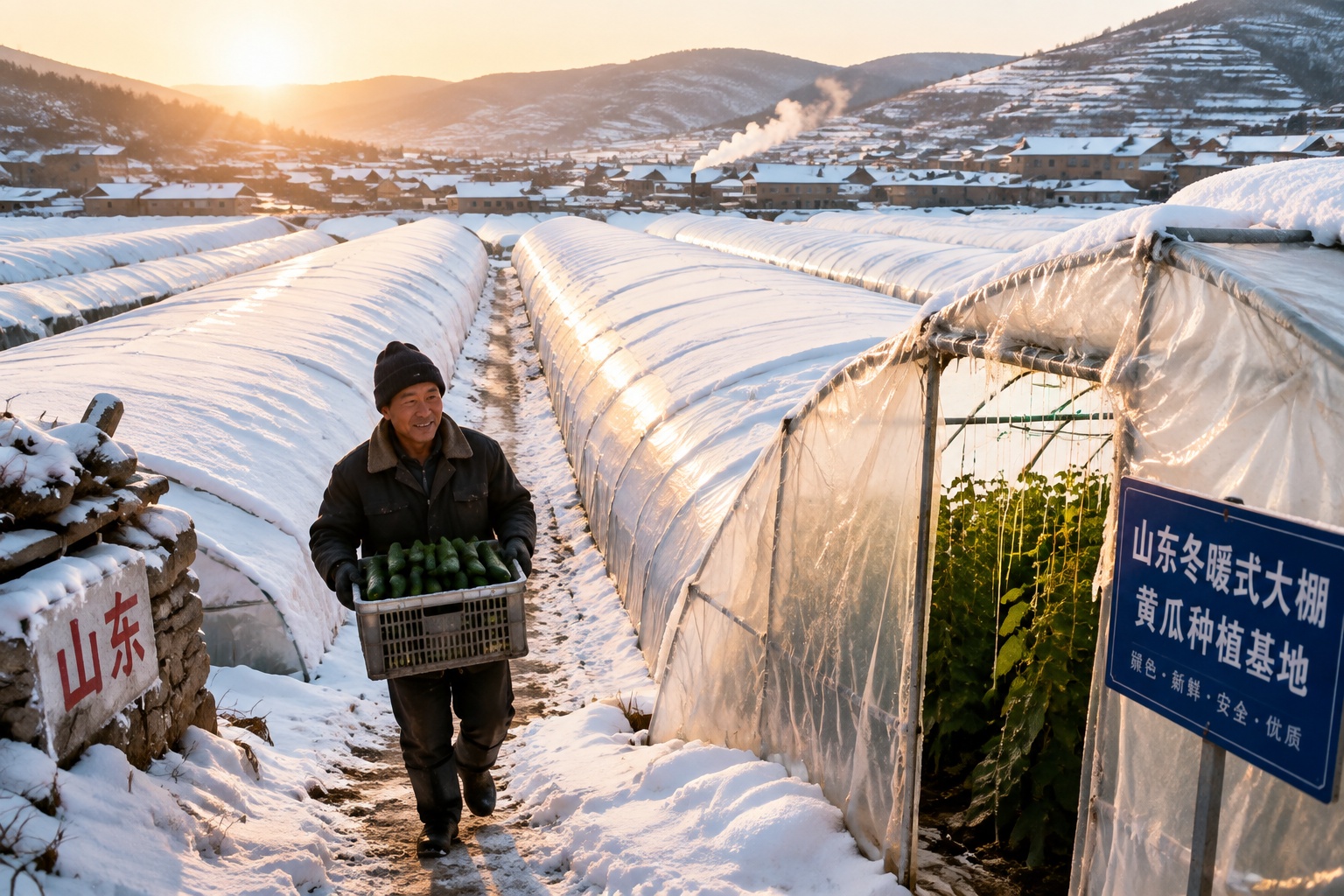 Snow-covered vegetable greenhouses in rural Shandong, China, with a farmer carrying a crate of fresh cucumbers