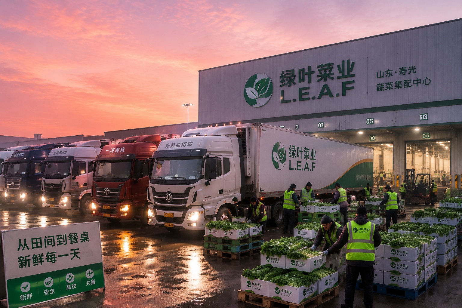 Workers loading fresh vegetables onto refrigerated trucks at a distribution center in Shandong, China