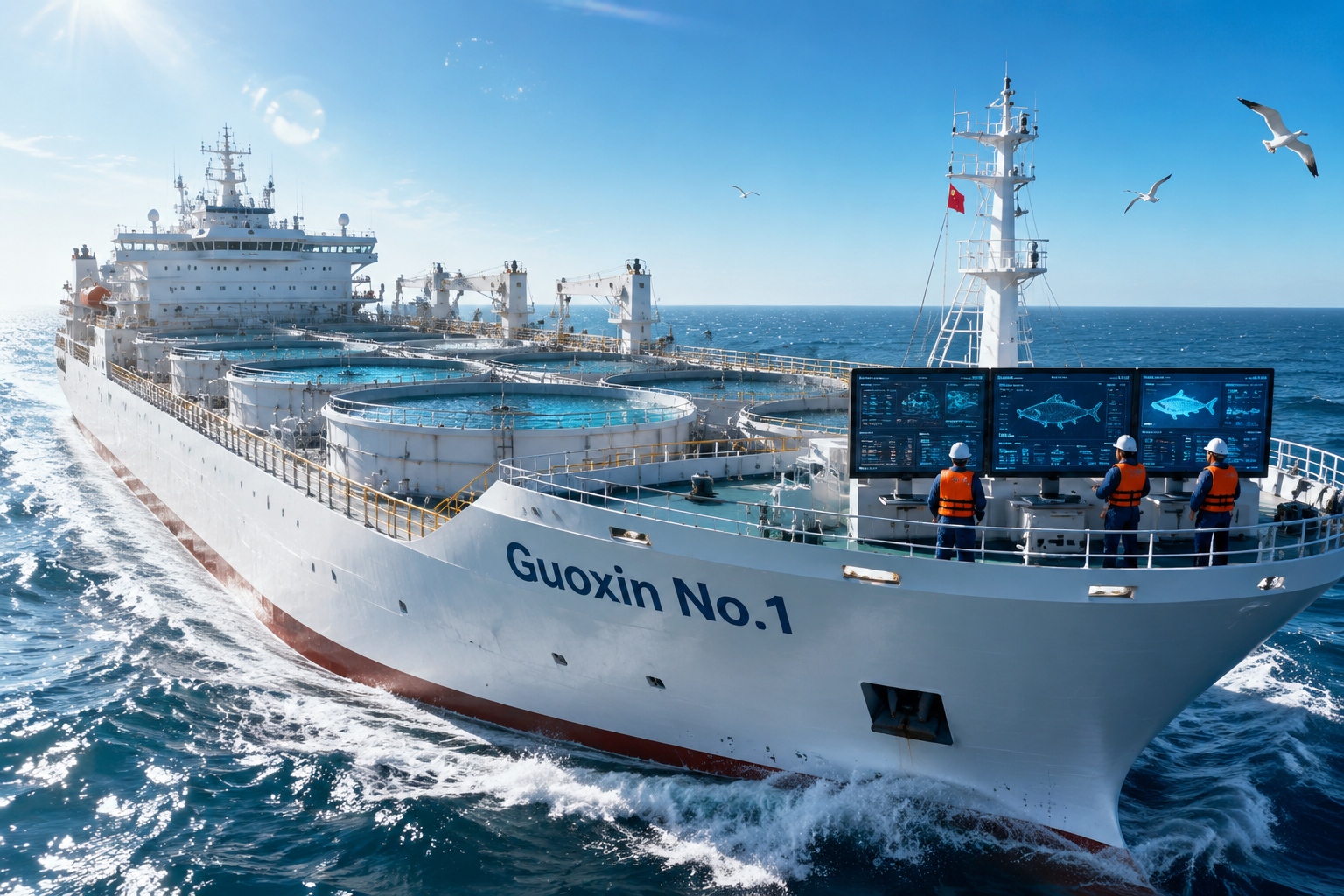 Engineers monitoring fish tank data on the deck of the Guoxin No.1, a large aquaculture ship in the Yellow Sea.