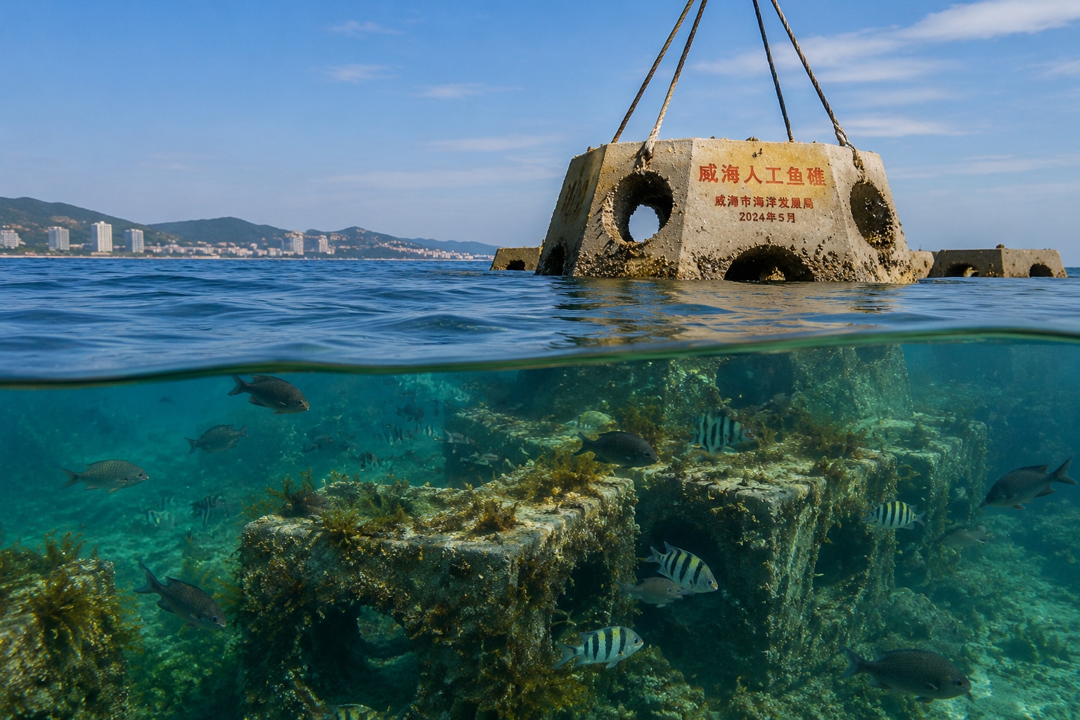 Underwater view of an artificial reef in Weihai, where seaweed and fish have returned, supporting the blue granary ecology.