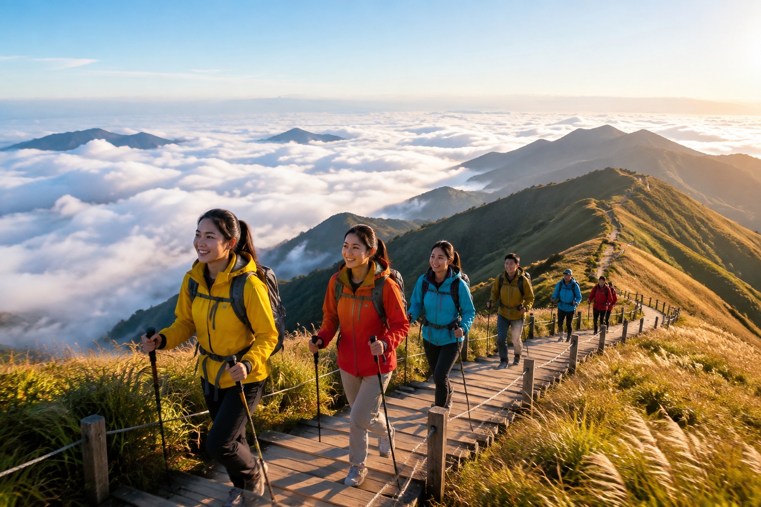 Hikers walking on a wooden boardwalk above a sea of clouds at Wugong Mountain in Jiangxi, China