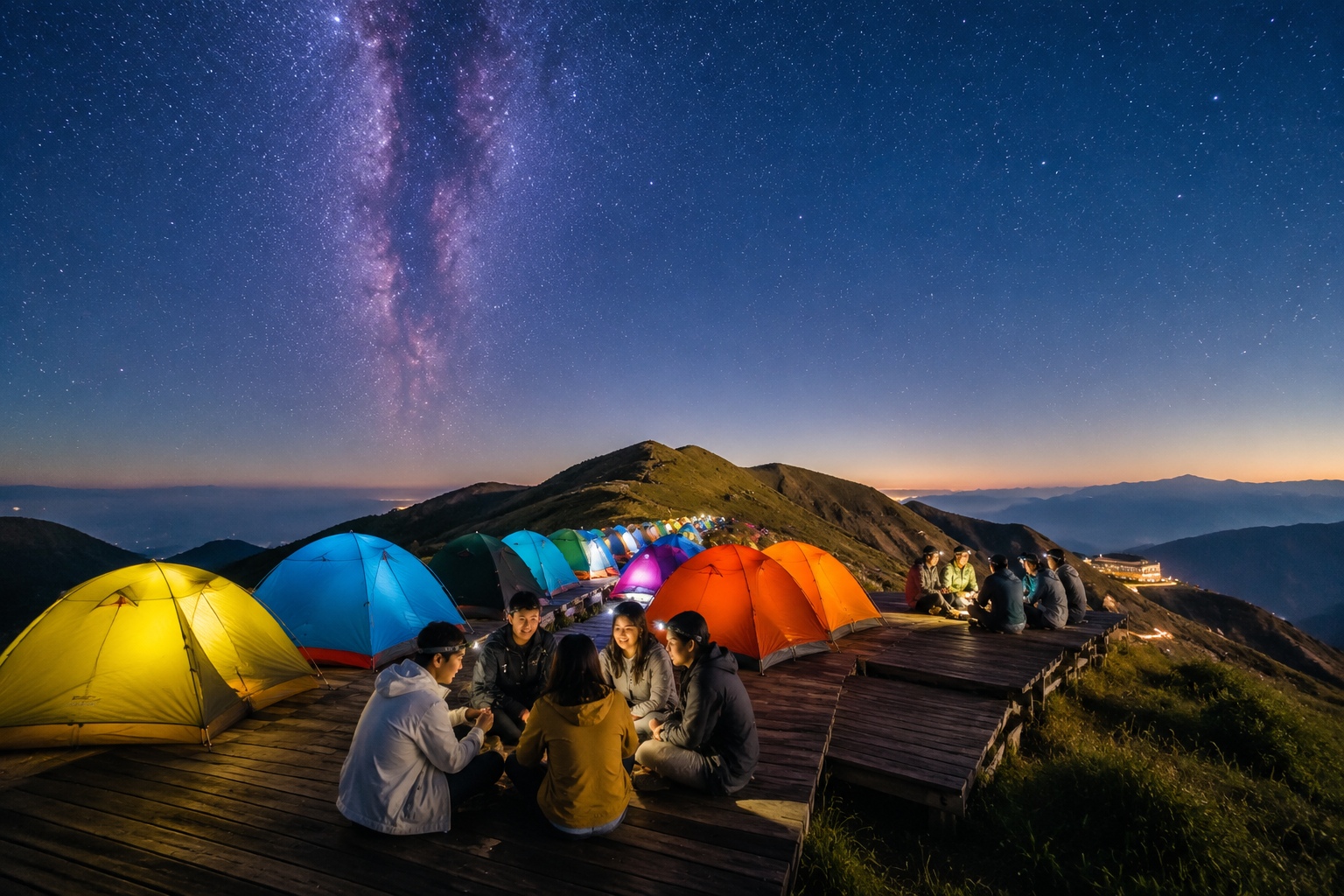 Colorful tents glowing at night on the grassy ridge of Wugong Mountain under a starry sky