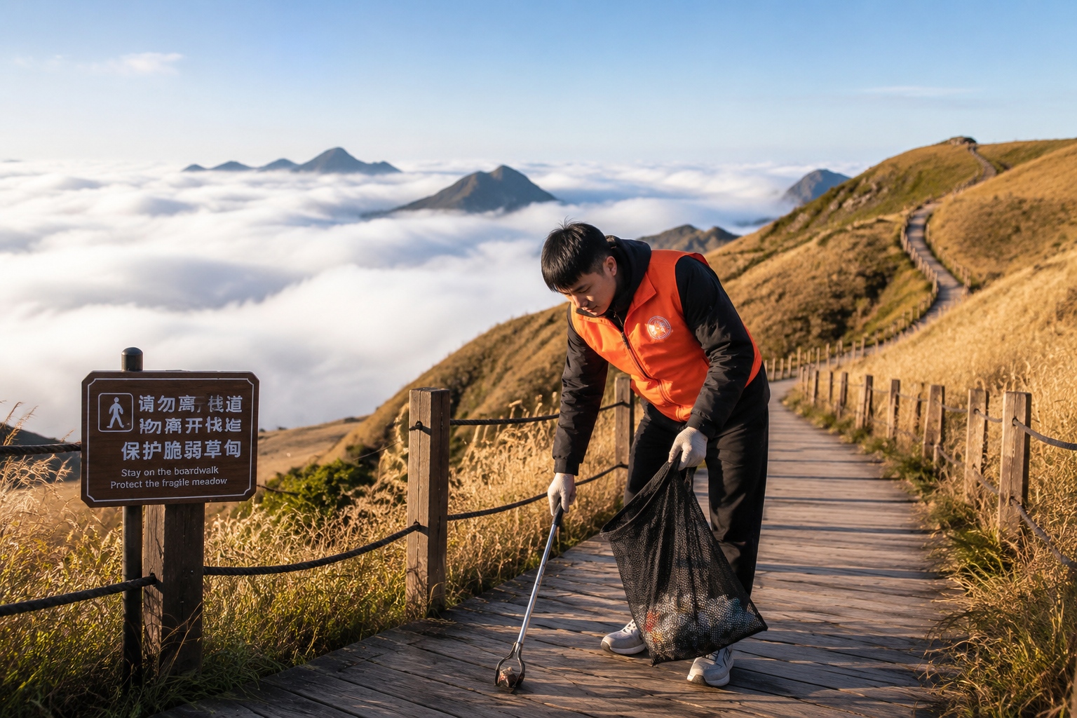 Volunteer collecting litter on a wooden walkway at Wugong Mountain to protect the alpine meadow