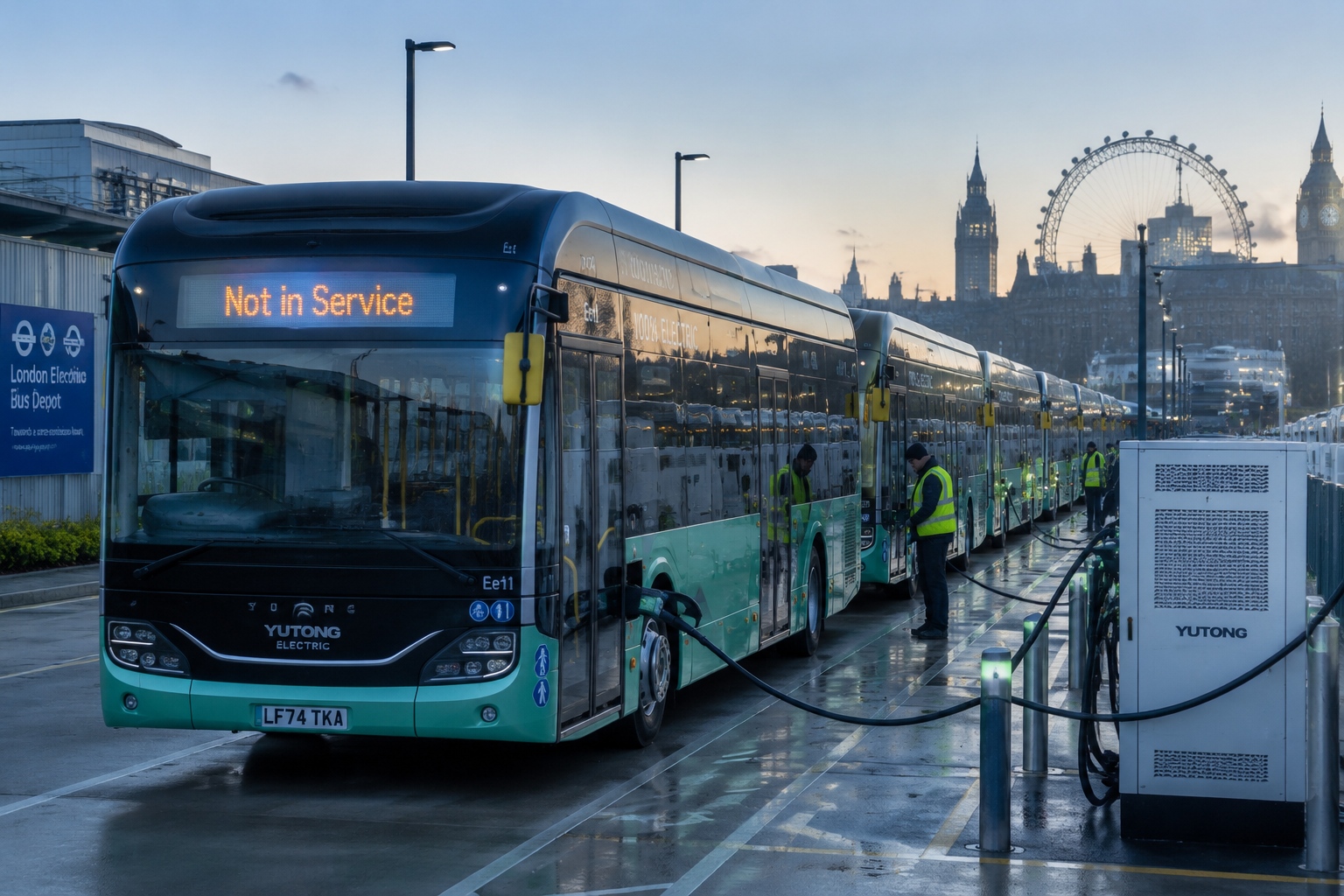 Yutong electric buses charging at a London depot overnight