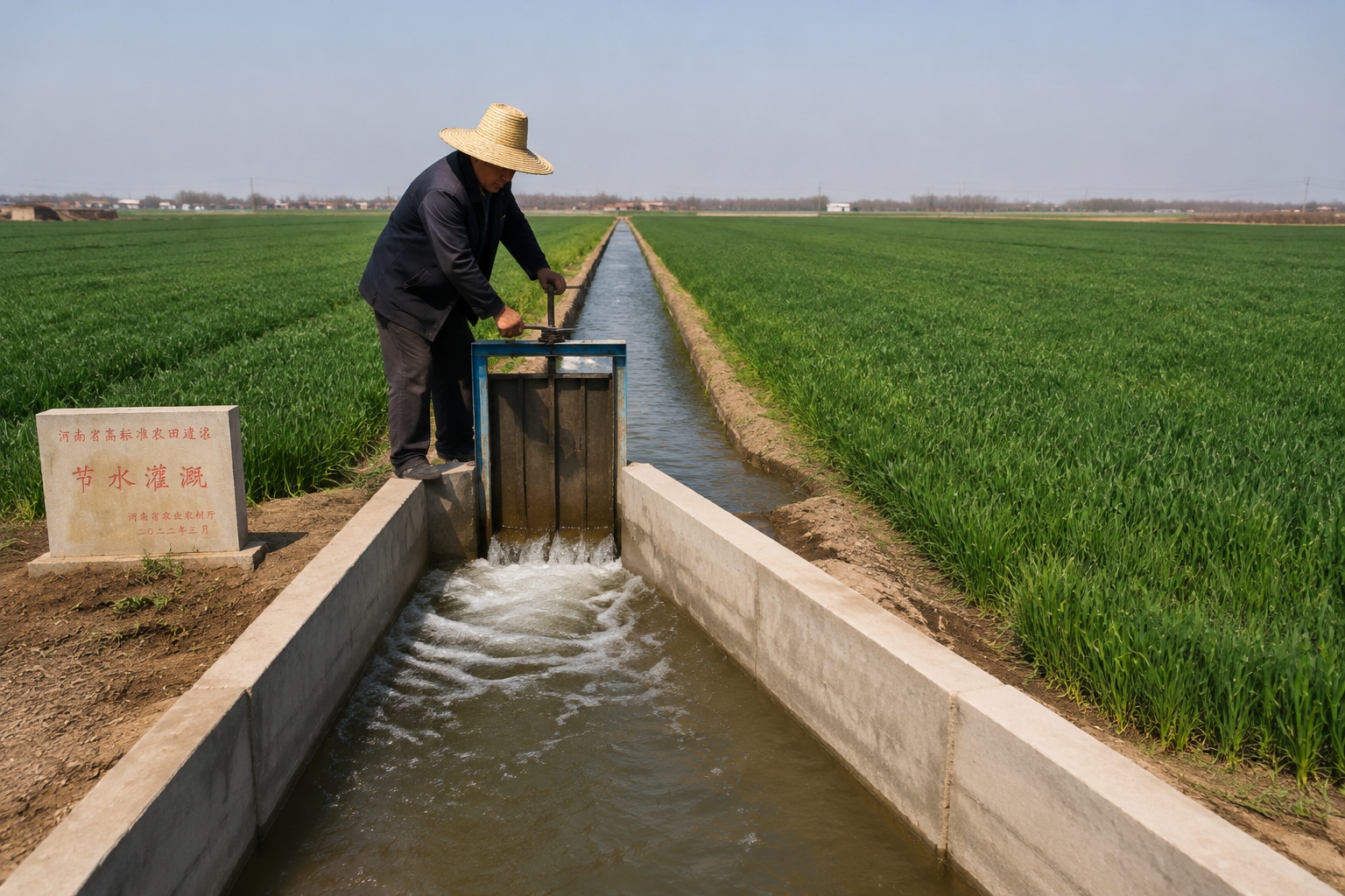 An irrigation canal waters young wheat plants in Henan province, showing the water infrastructure that helps stabilize yields.