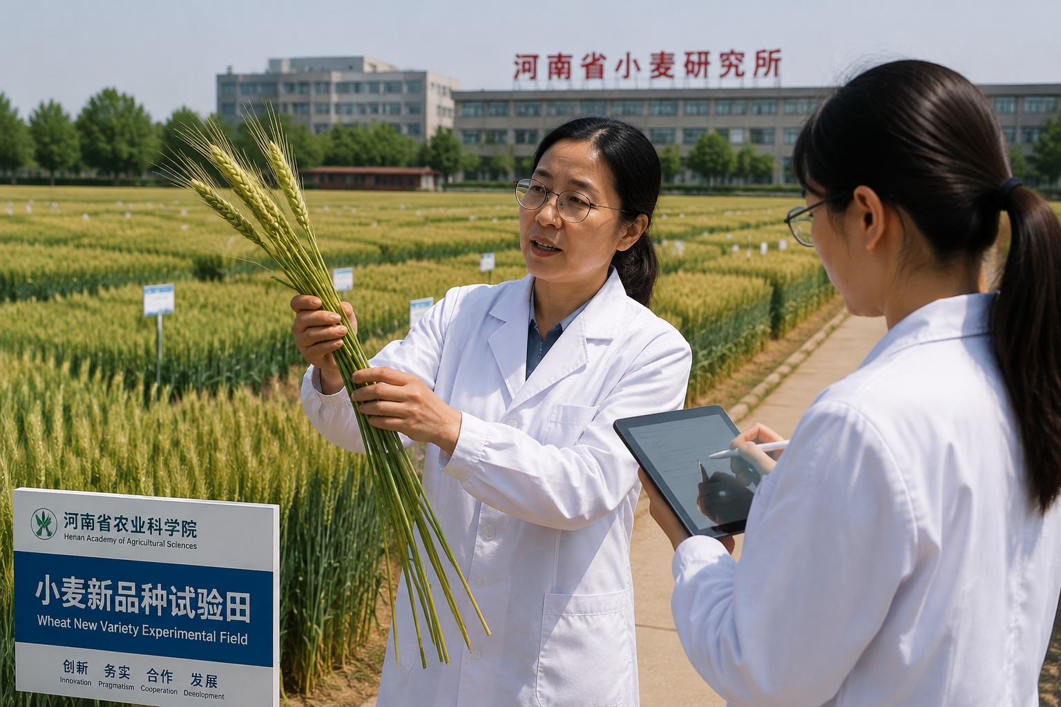 A scientist at a wheat research institute in Henan displays a new high-yield wheat variety, highlighting the role of seed science.