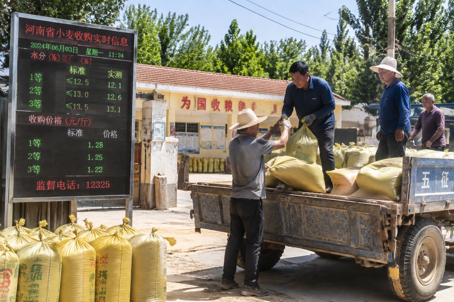 Farmers in Henan load wheat sacks onto a truck while a digital pricing board displays real-time grain prices.