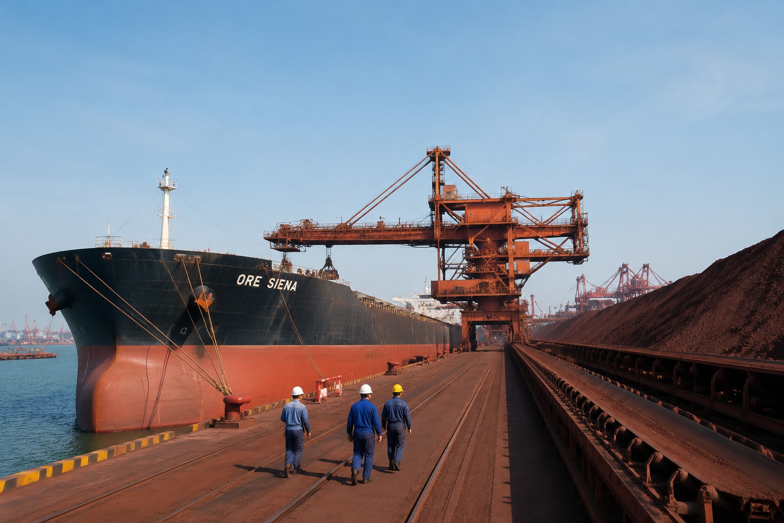 Caofeidian port in Tangshan with iron ore carrier and conveyor system