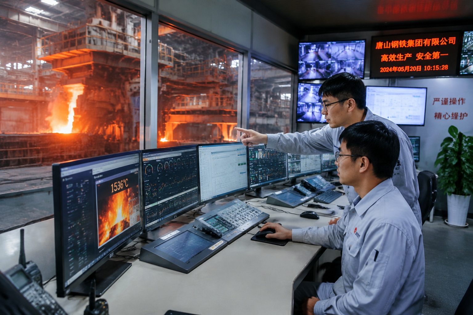 Modern control room in Tangshan steel plant with engineers monitoring production
