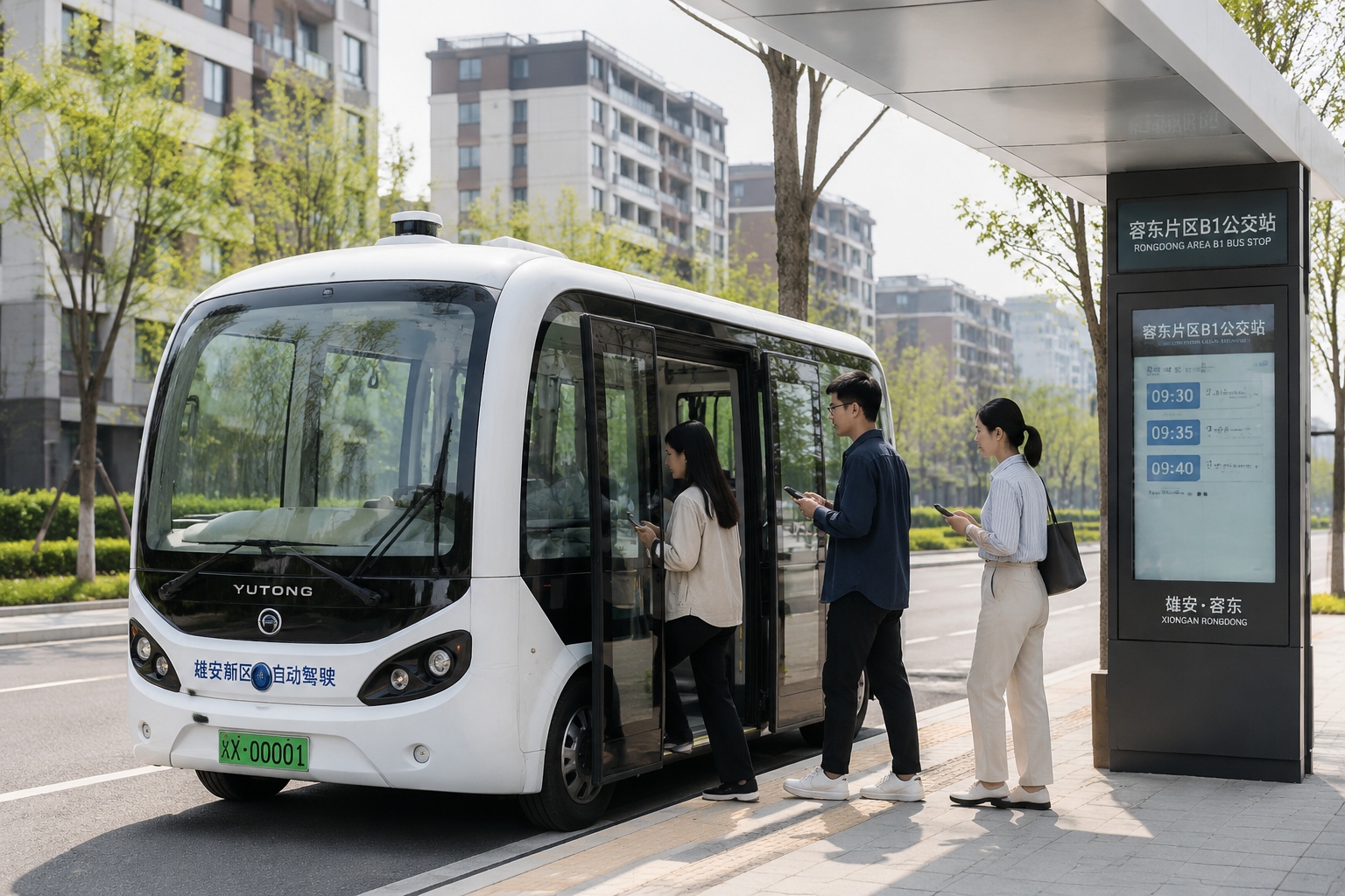 White self-driving bus in Rongdong District, Xiong'an New Area