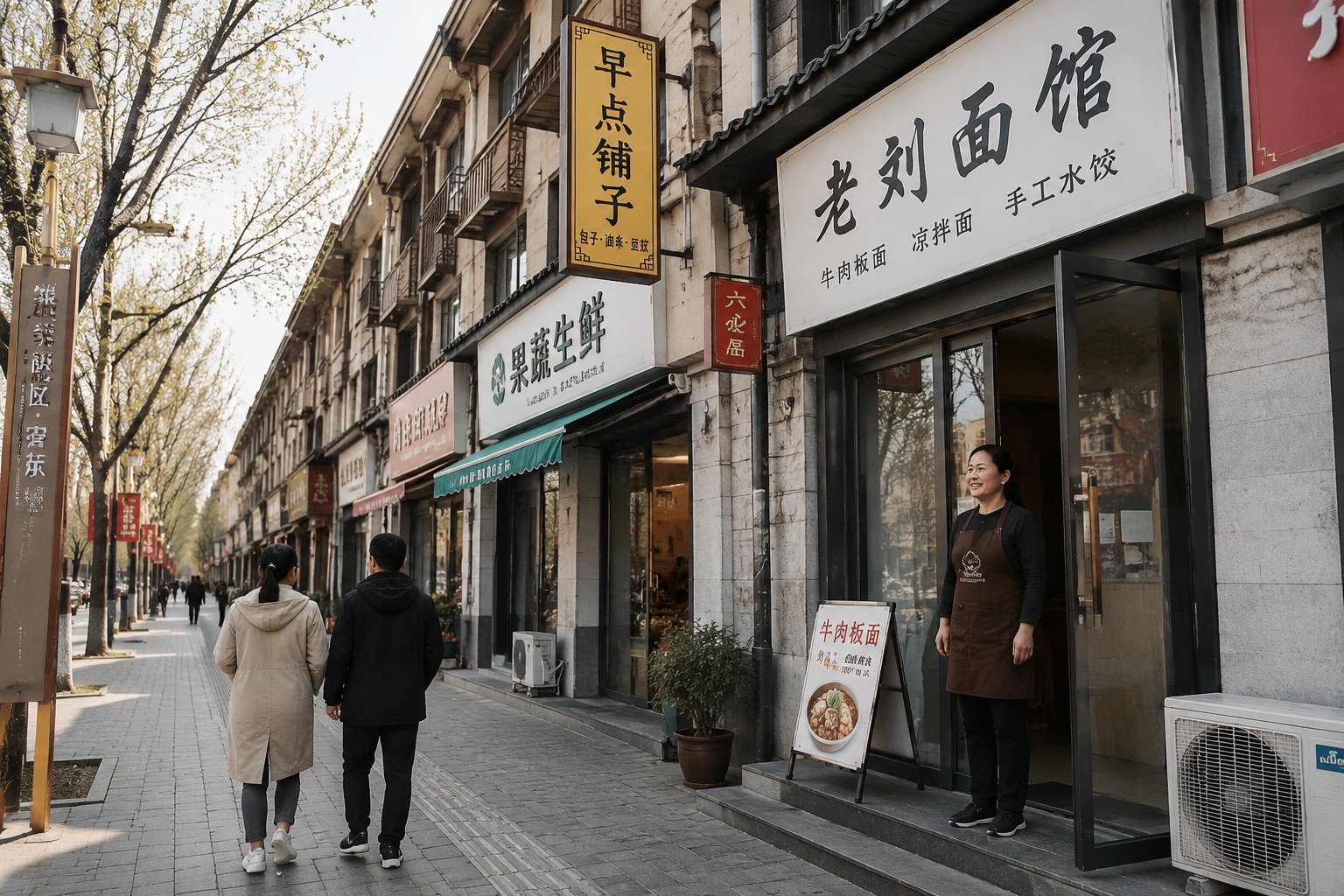 Local residents walking on a commercial street in Xiong'an's Rongdong area