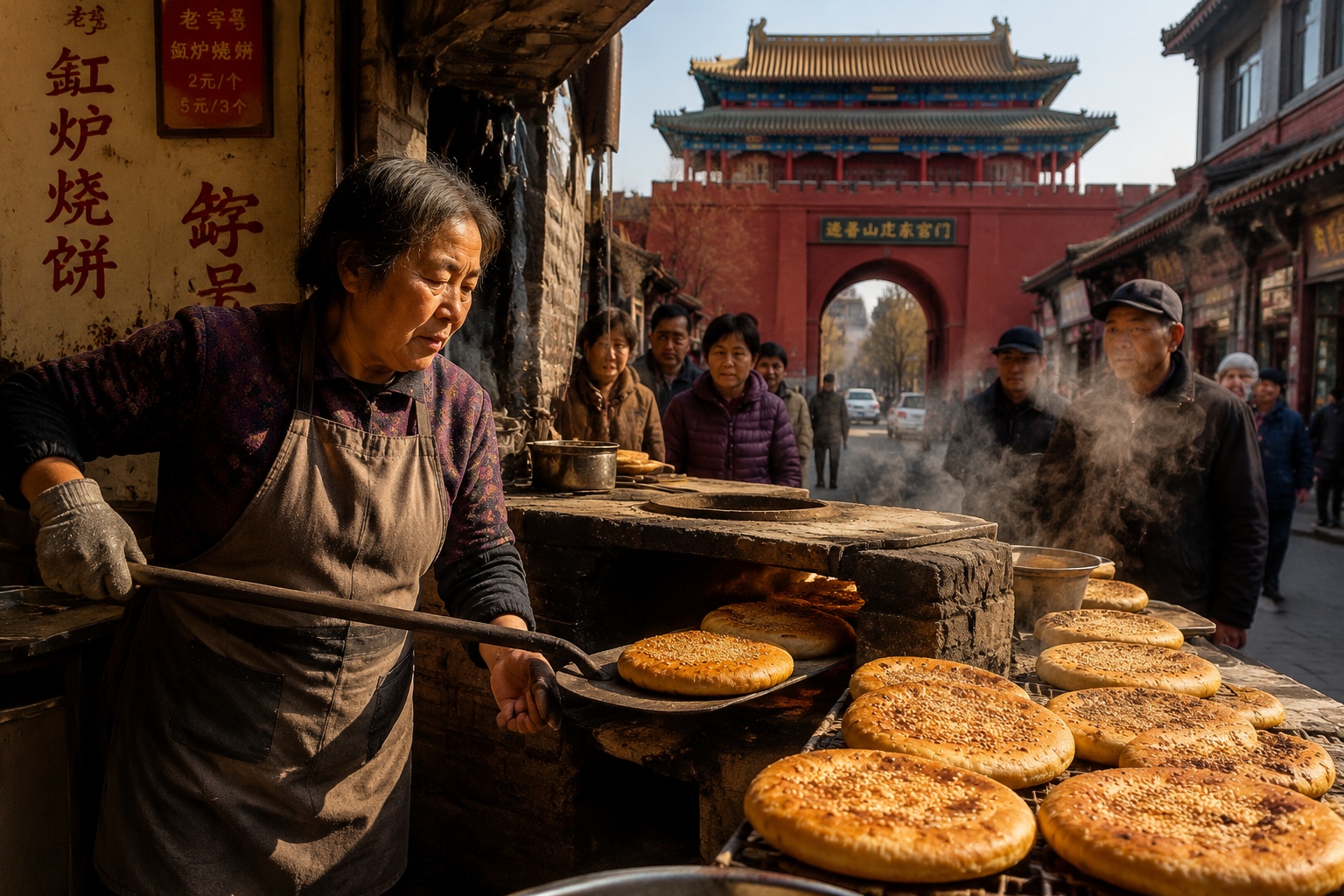 Elderly vendor baking sesame flatbreads on a street near the East Palace Gate of Chengde Mountain Resort