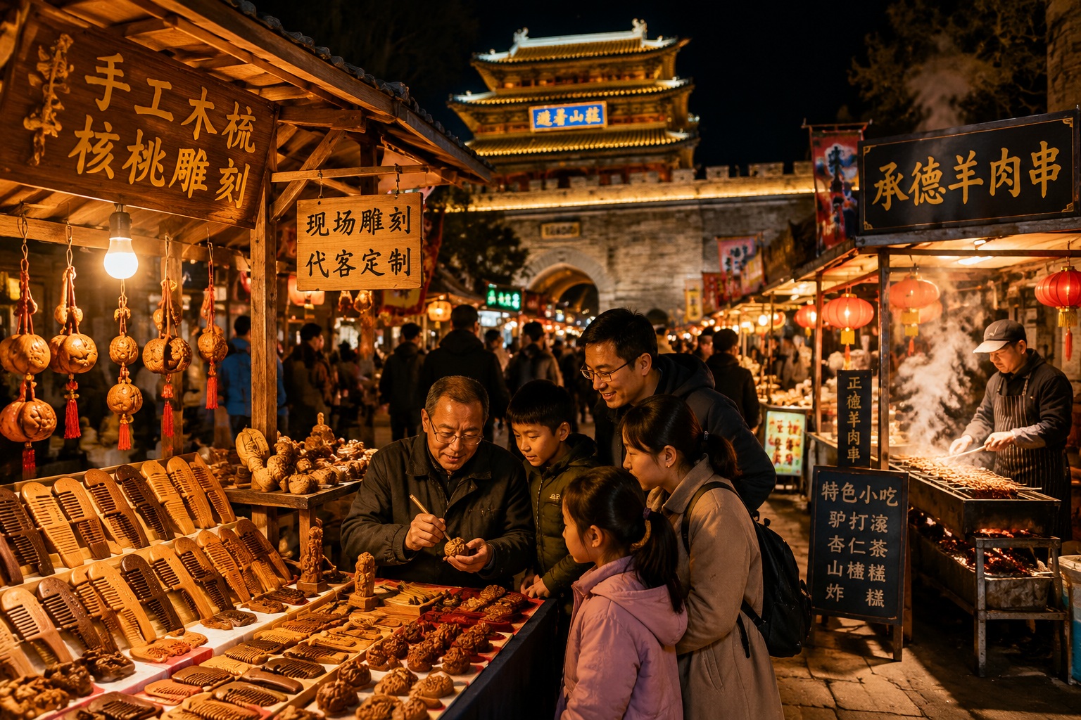 Night market stalls and a retired wood craftsman near the North Gate of Chengde Mountain Resort