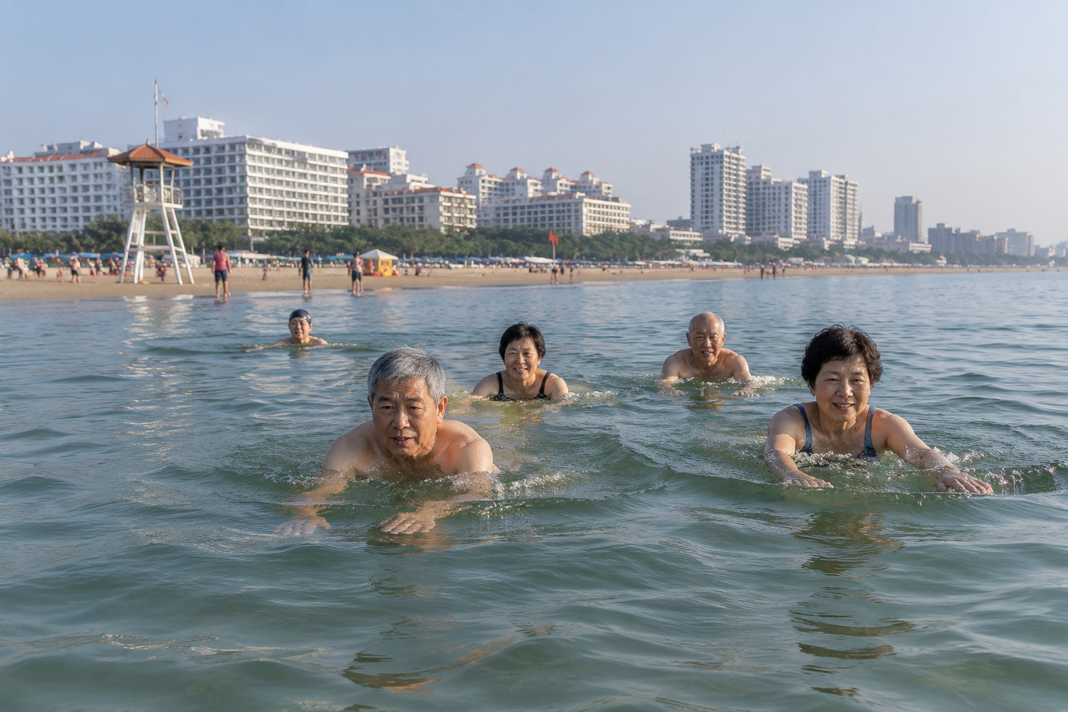Elderly Chinese swimmers enjoying the calm sea at Beidaihe beach
