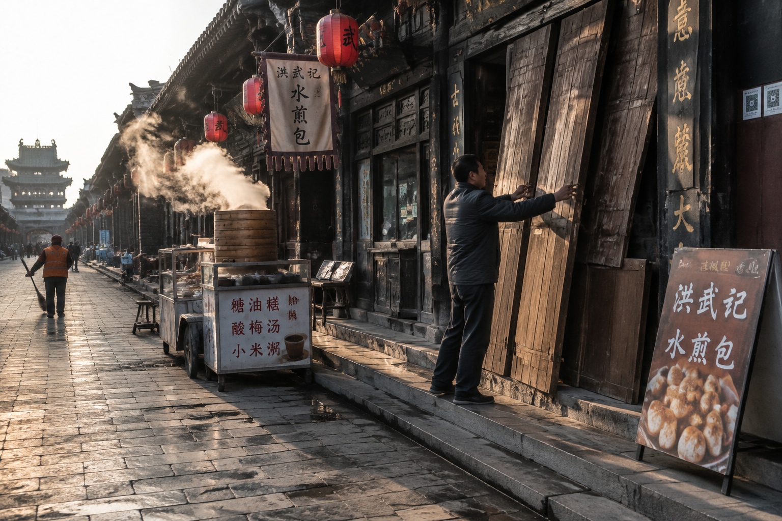 Shopkeeper opens his handicraft shop on South Street in Pingyao ancient city in the morning